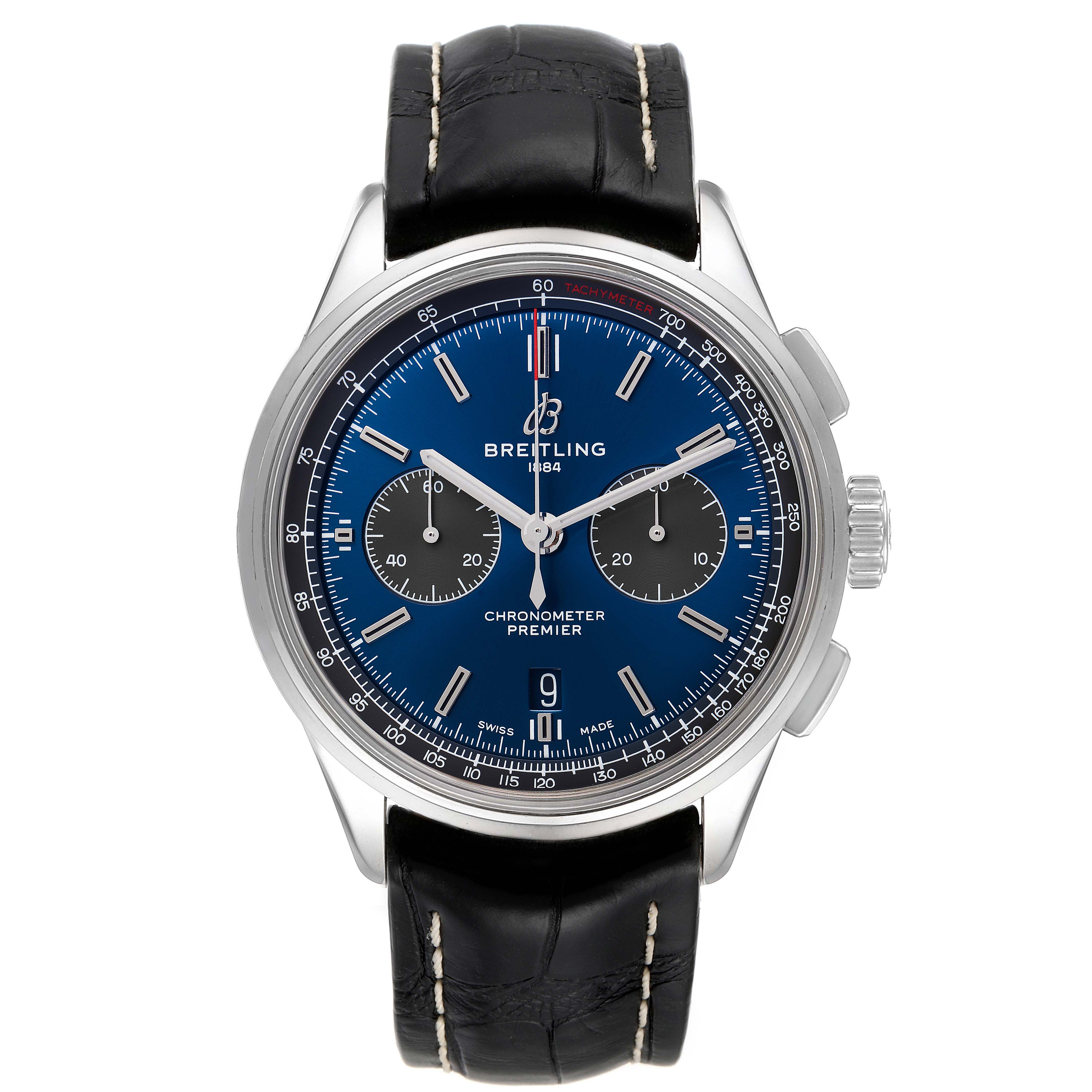 The image shows a front-facing view of a Breitling Premier AB0118 Men's Stainless Steel Blue Dial AB0118 Men's Stainless Steel Blue Dial Chronometer watch with a blue dial and black leather strap.