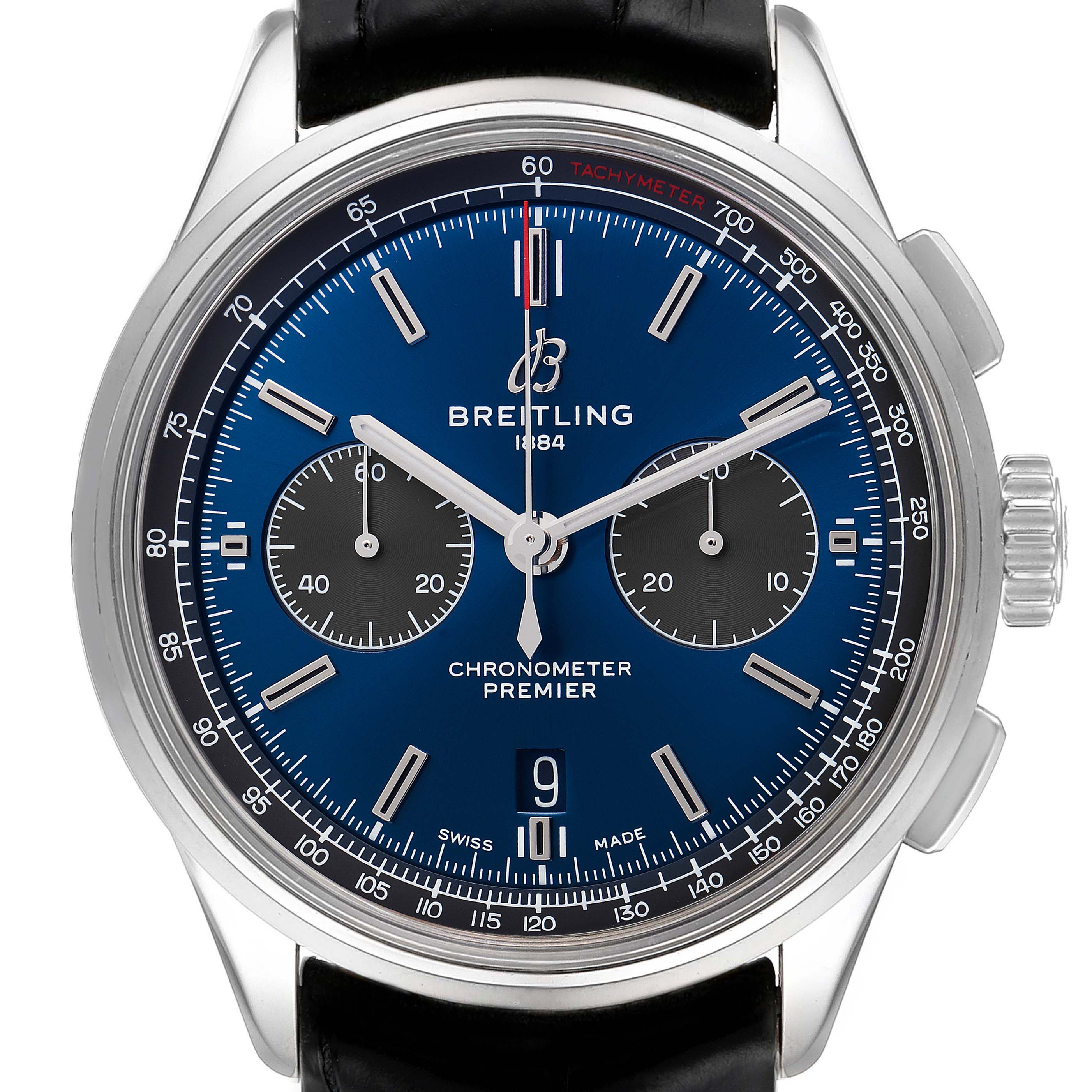 The image shows a front view of the Breitling Premier AB0118 Men's Stainless Steel Blue Dial AB0118 Men's Stainless Steel Blue Dial watch, displaying the face, bezel, crown, and part of the strap.