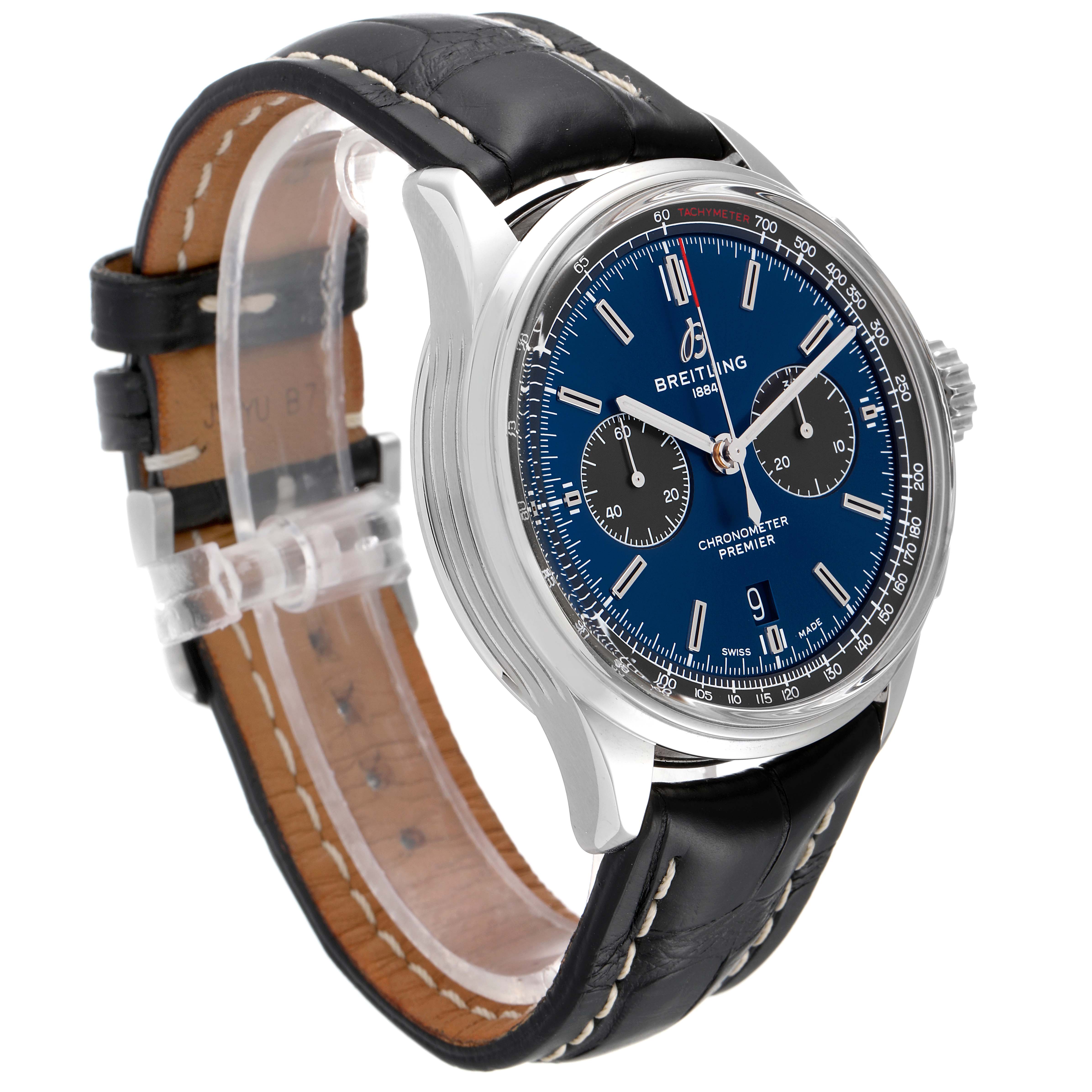 The image shows a Breitling Premier AB0118 Men's Stainless Steel Blue Dial AB0118 Men's Stainless Steel Blue Dial model watch at a three-quarter angle, highlighting its blue dial and black leather strap.