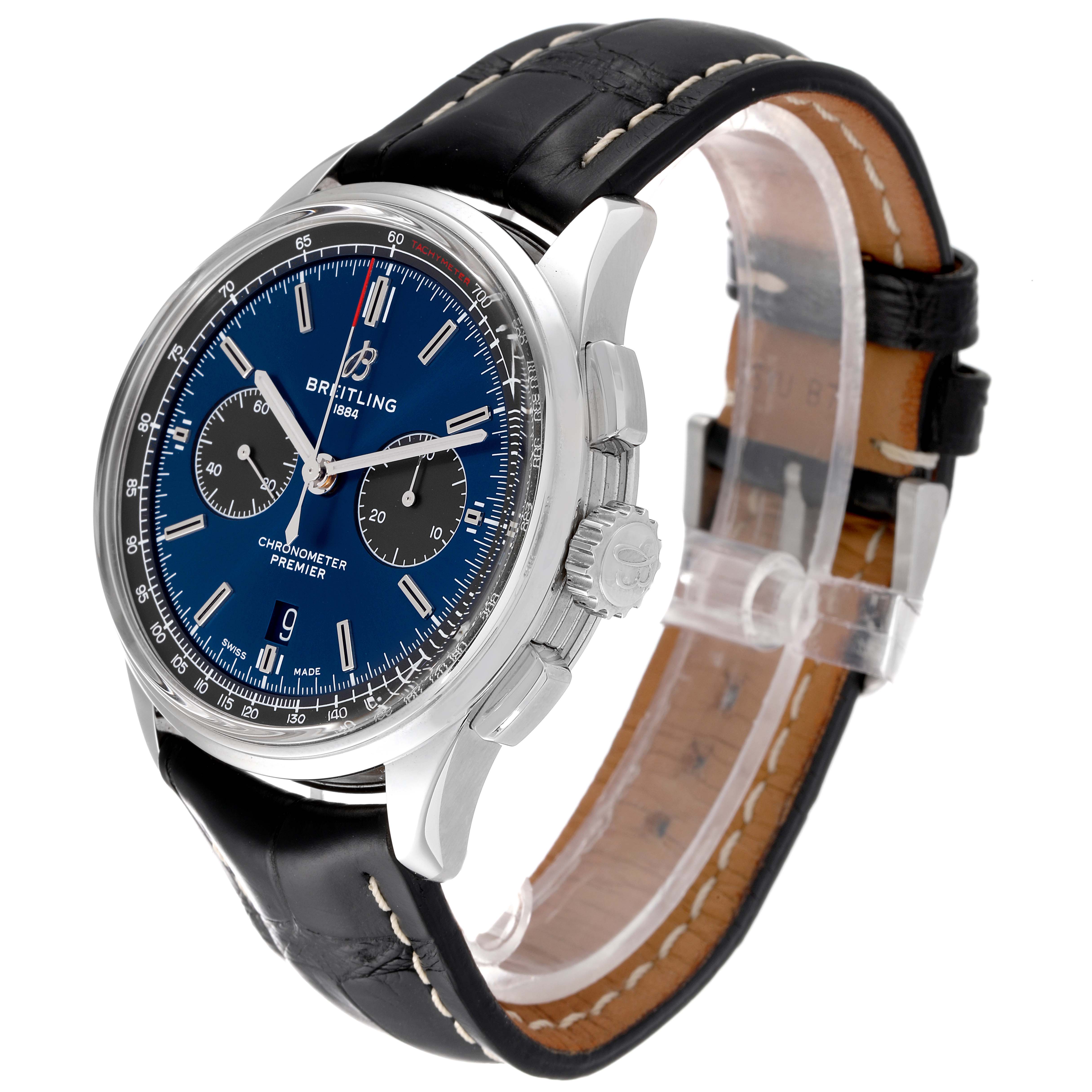 The image shows a three-quarter view of the Breitling Premier AB0118 Men's Stainless Steel Blue Dial AB0118 Men's Stainless Steel Blue Dial model watch, displaying its blue dial, chronograph subdials, and leather strap.