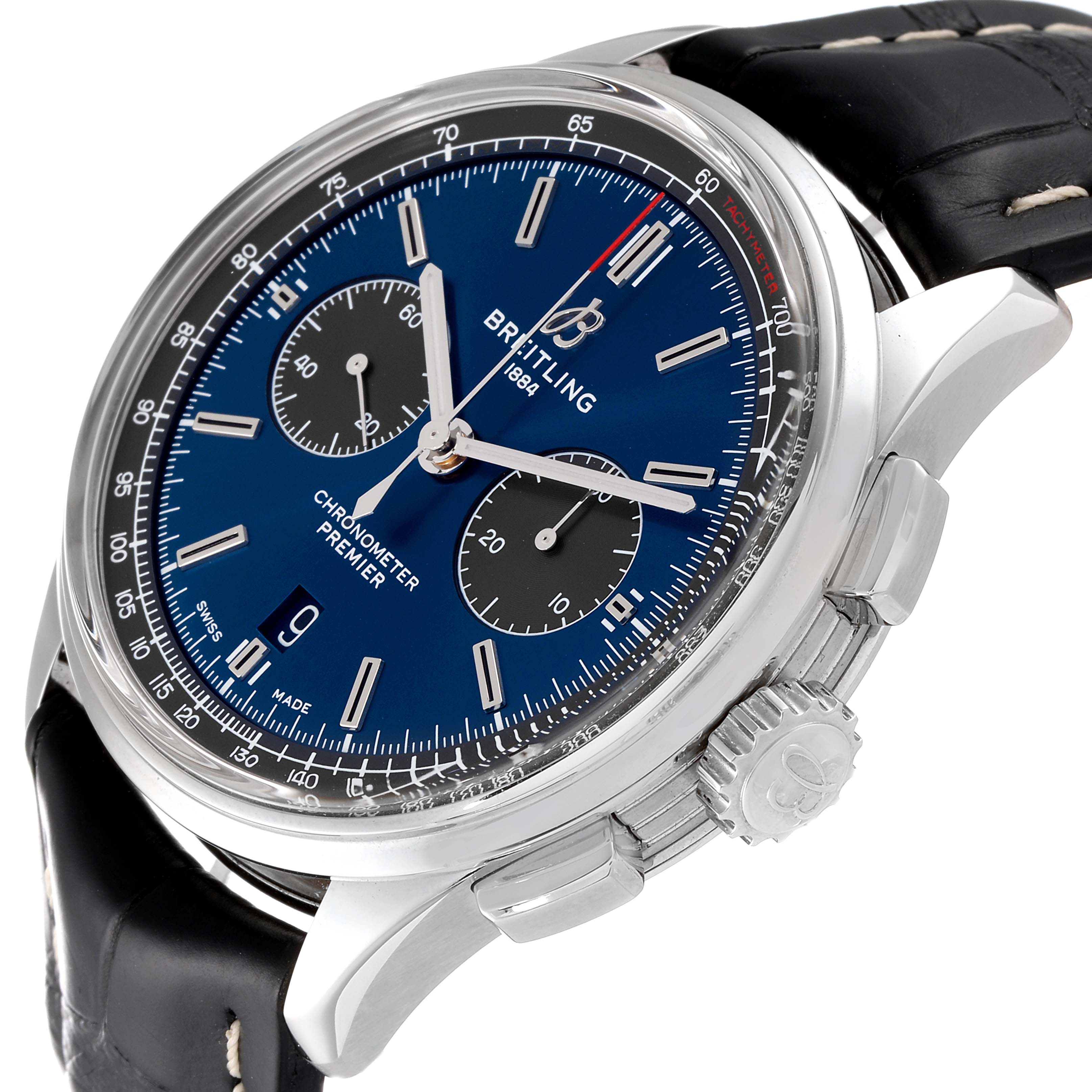 The Breitling Premier AB0118 Men's Stainless Steel Blue Dial AB0118 Men's Stainless Steel Blue Dial watch is shown at an oblique angle, highlighting its blue dial, chronograph subdials, and crown.