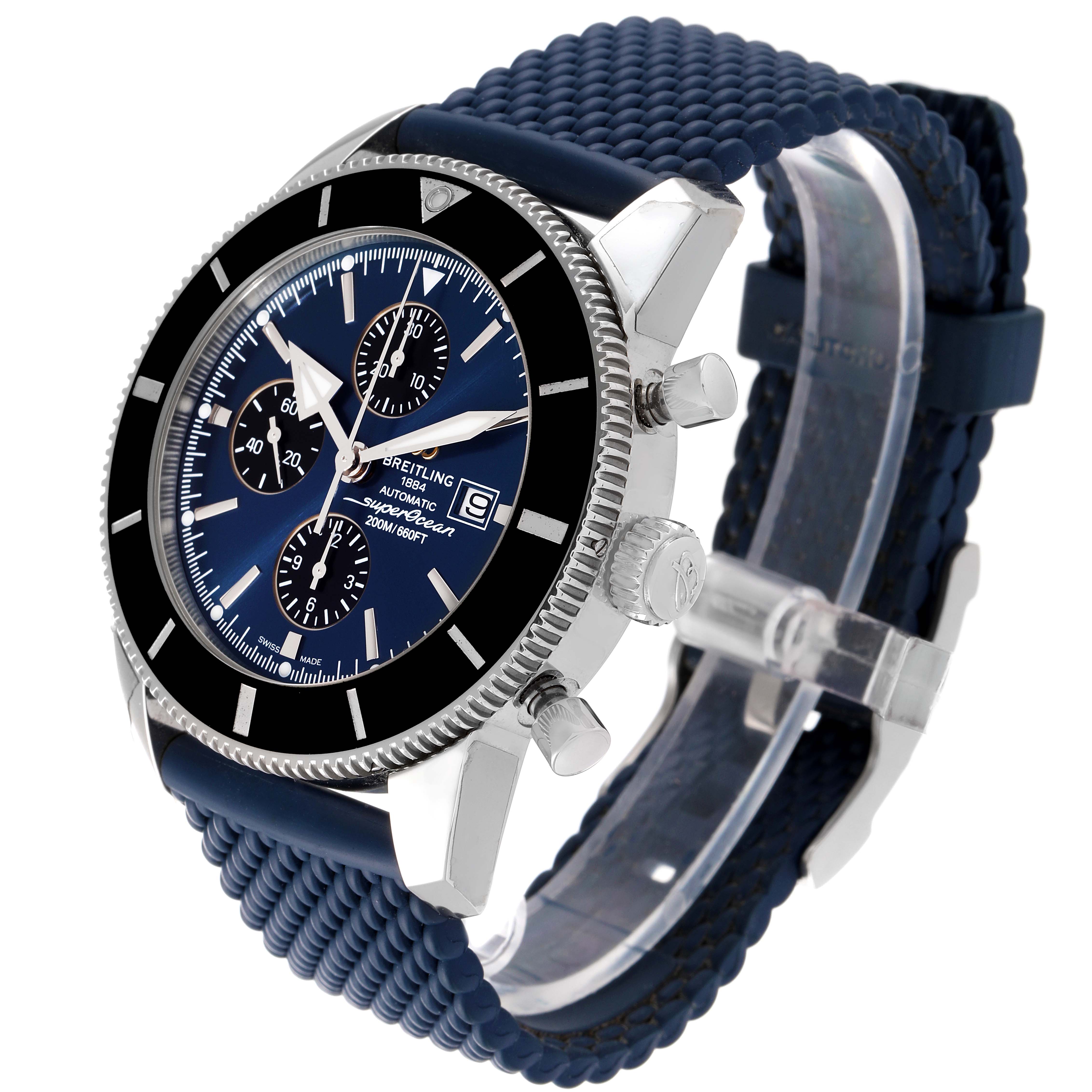 This Breitling Superocean A13312 Men's Stainless Steel Blue Dial A13312 Men's Stainless Steel Blue Dial watch is shown from a front-side angle, displaying the face, bezel, crown, pushers, and strap.
