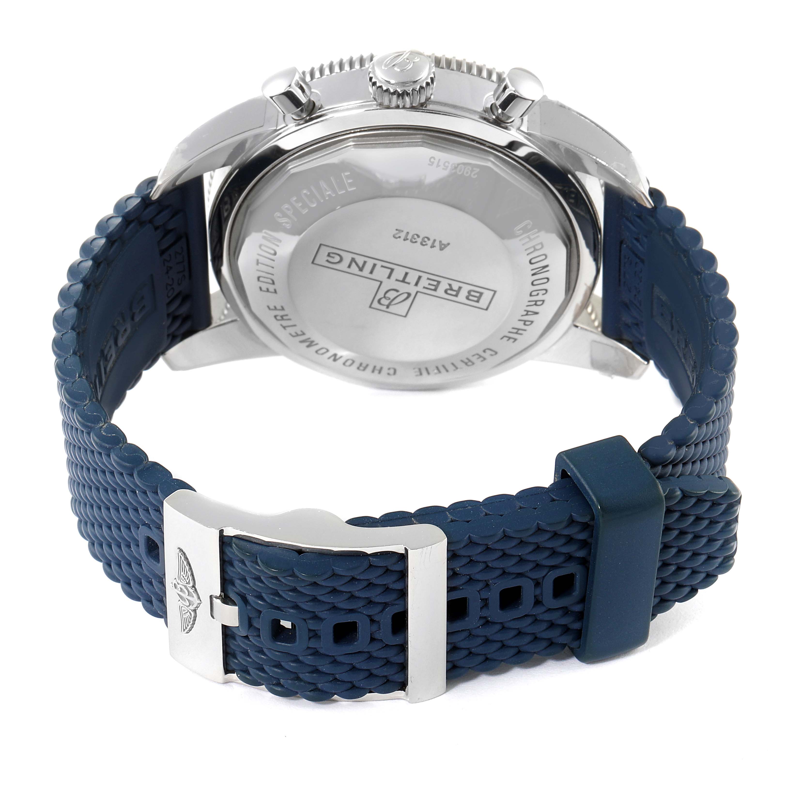 The image shows the back of a Breitling Superocean A13312 Men's Stainless Steel Blue Dial A13312 Men's Stainless Steel Blue Dial watch and its blue rubber strap with a stainless steel clasp.