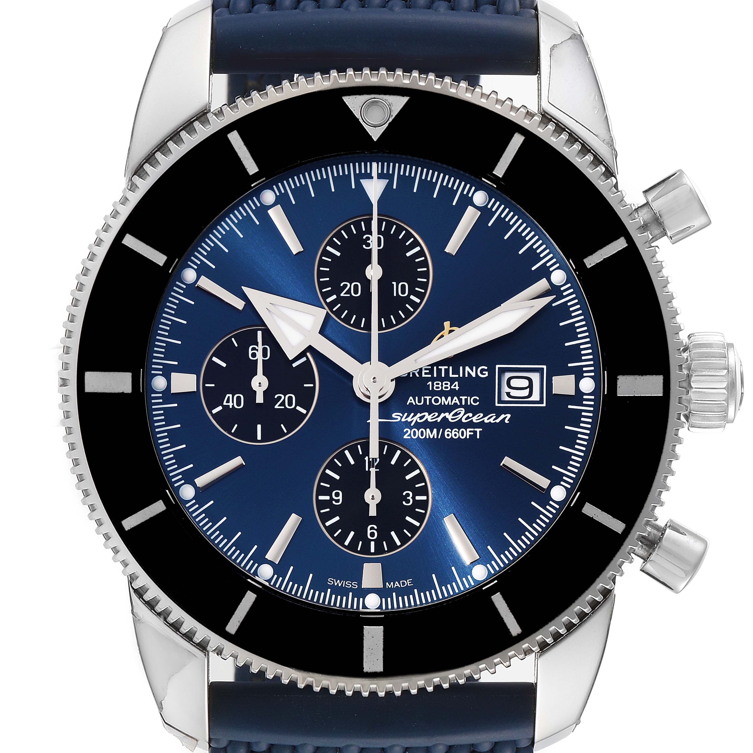 The Breitling Superocean A13312 Men's Stainless Steel Blue Dial A13312 Men's Stainless Steel Blue Dial watch is shown from a front angle, displaying the dial, bezel, crown, and chronograph subdials.
