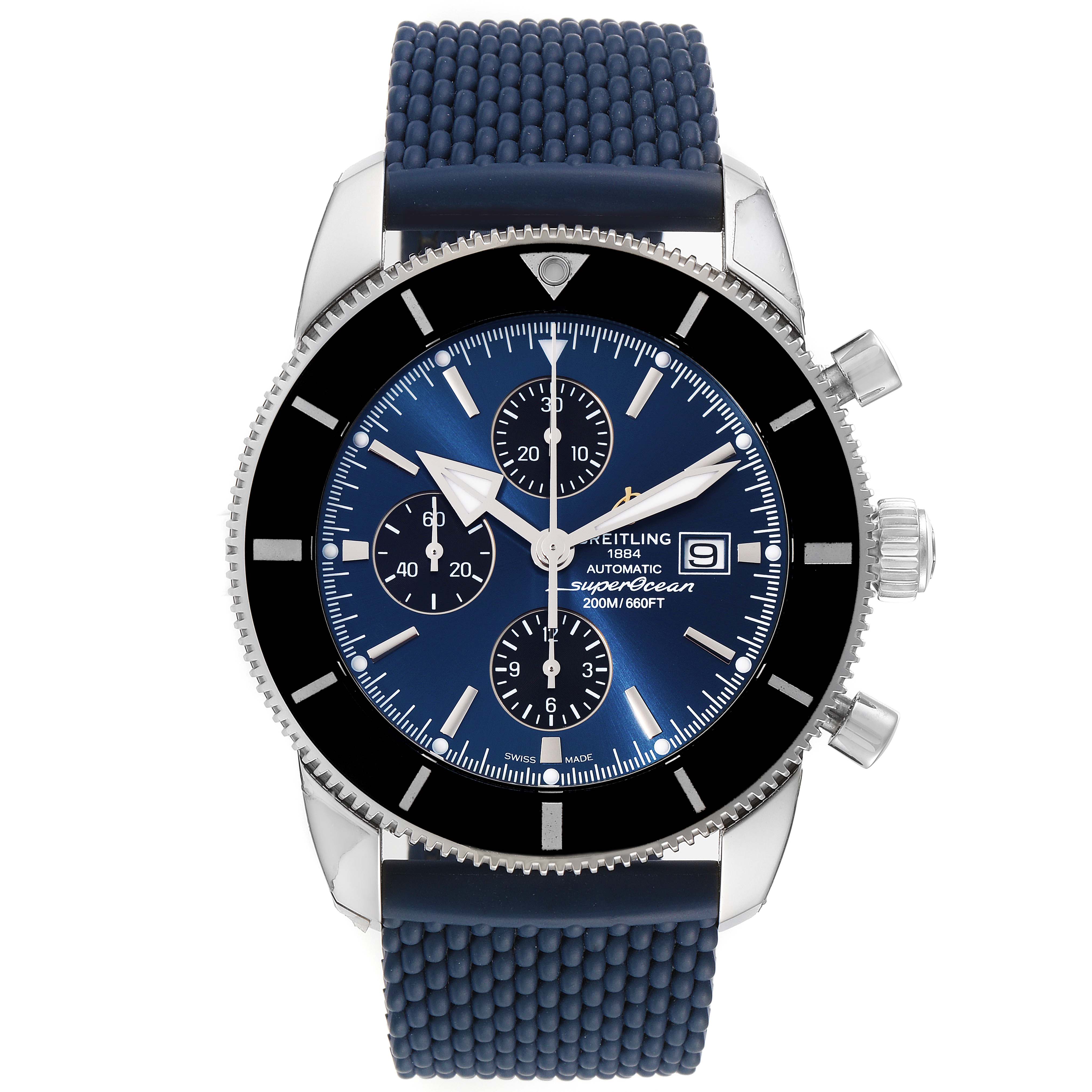 The Breitling Superocean A13312 Men's Stainless Steel Blue Dial A13312 Men's Stainless Steel Blue Dial watch is shown from the front, displaying the dial, bezel, pushers, and strap.