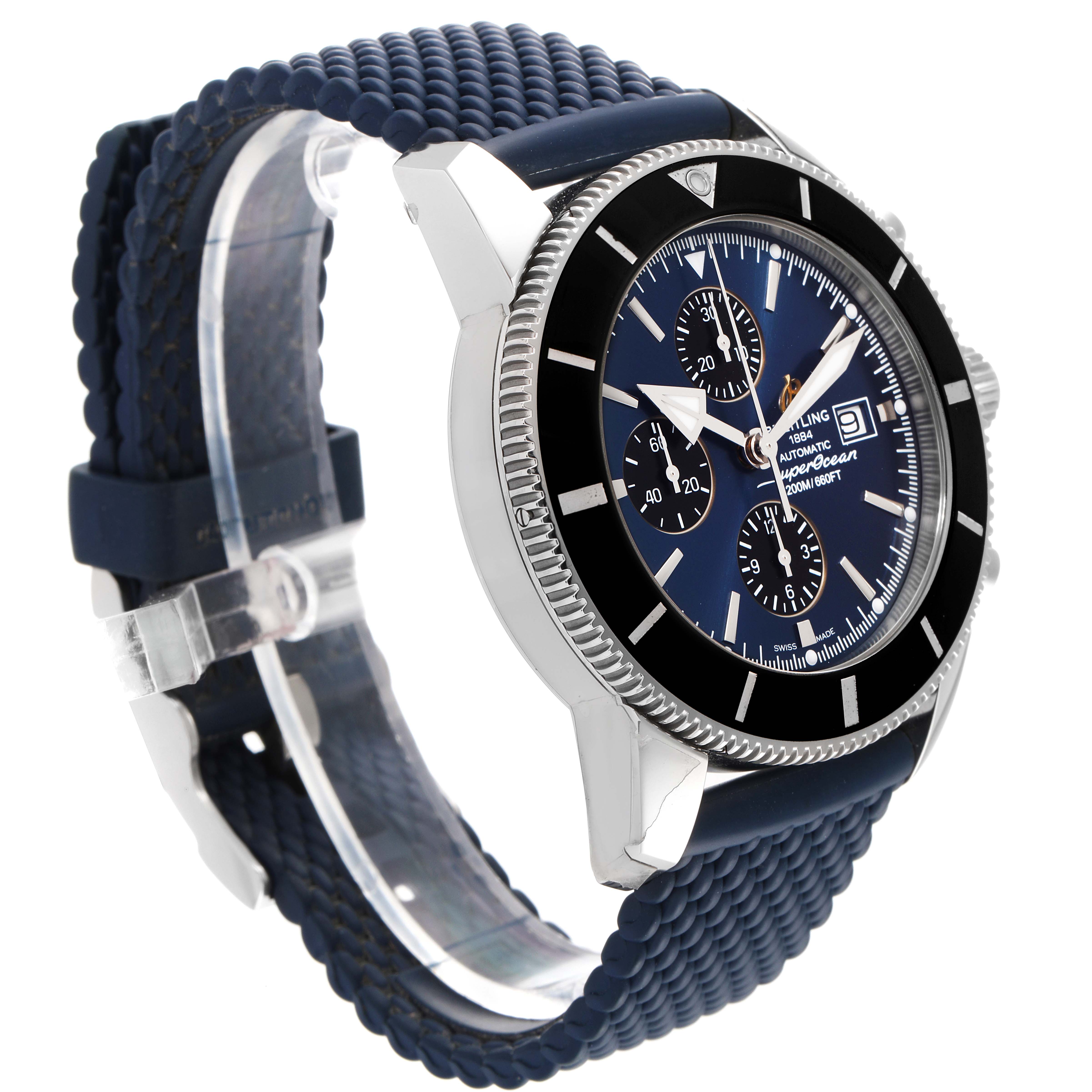 The Breitling Superocean A13312 Men's Stainless Steel Blue Dial A13312 Men's Stainless Steel Blue Dial watch is shown from a three-quarter left-front angle, highlighting its face, bezel, and strap.