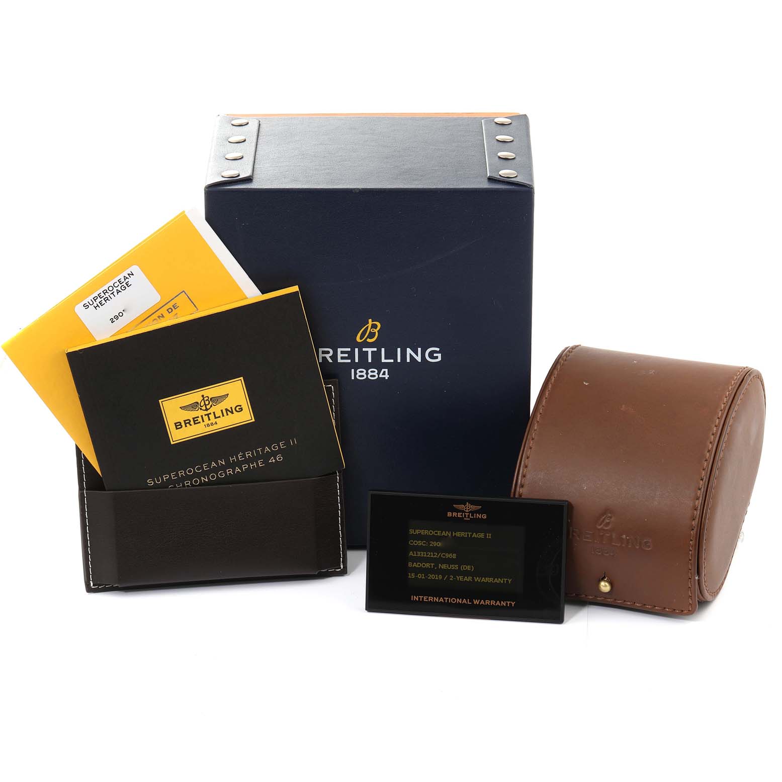 The image shows the packaging, manuals, warranty card, and watch case for a Breitling Superocean A13312 Men's Stainless Steel Blue Dial A13312 Men's Stainless Steel Blue Dial model.