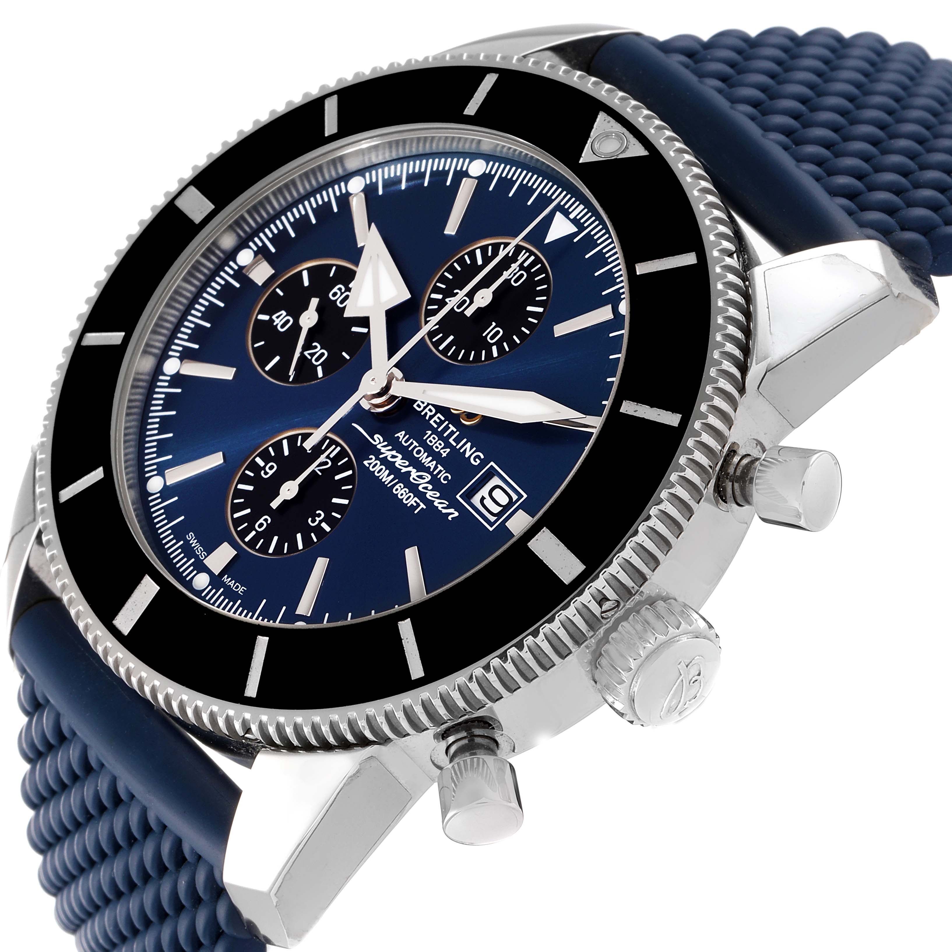The image shows a side angle of the Breitling Superocean A13312 Men's Stainless Steel Blue Dial A13312 Men's Stainless Steel Blue Dial watch, highlighting the dial, bezel, chronograph, and blue strap.