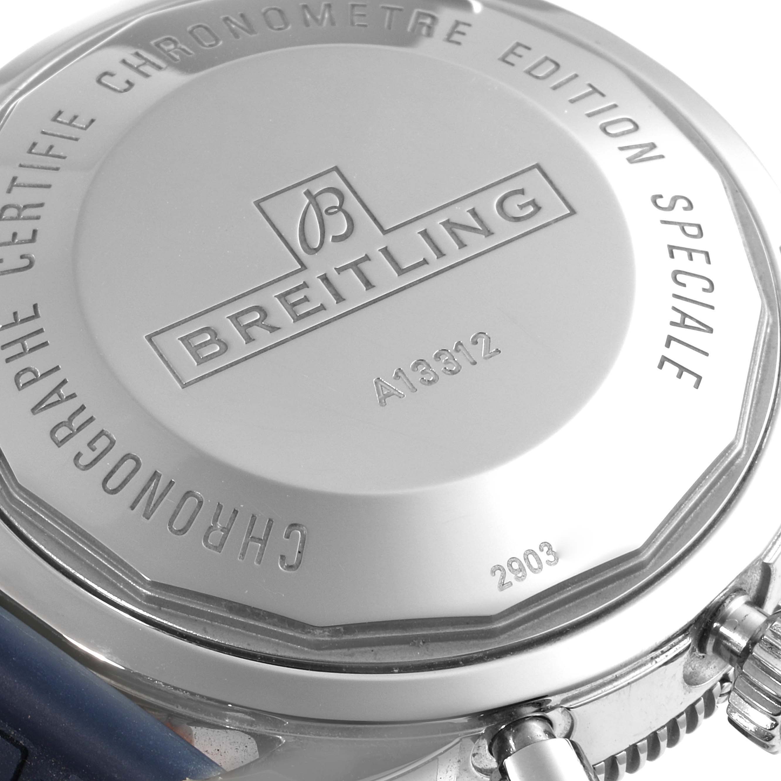 The image shows the back case of a Breitling Superocean A13312 Men's Stainless Steel Blue Dial A13312 Men's Stainless Steel Blue Dial watch, highlighting its engraved details and chronometer certification.