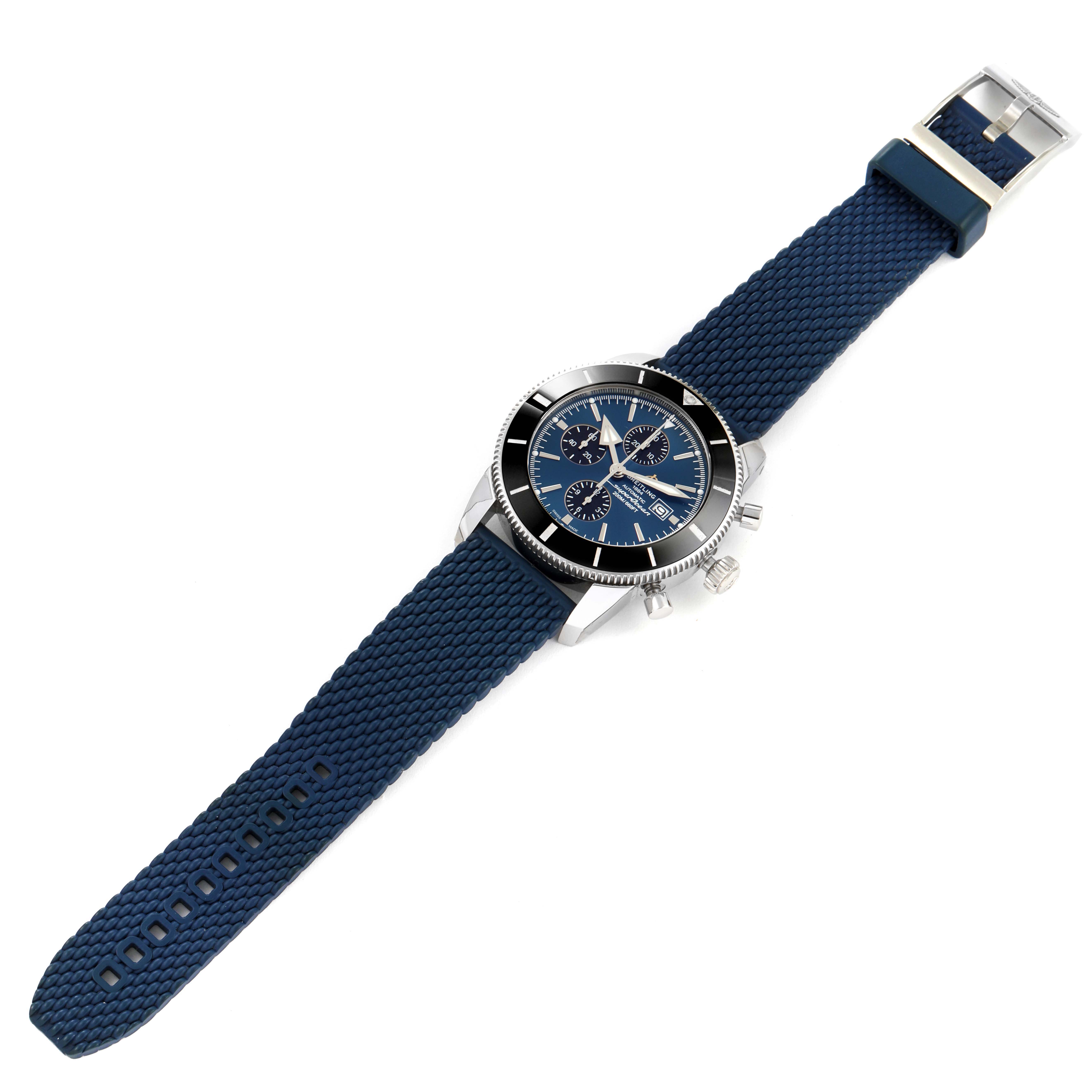 The Breitling Superocean A13312 Men's Stainless Steel Blue Dial A13312 Men's Stainless Steel Blue Dial watch is shown at a top angle displaying the blue dial, chronograph features, and blue strap.