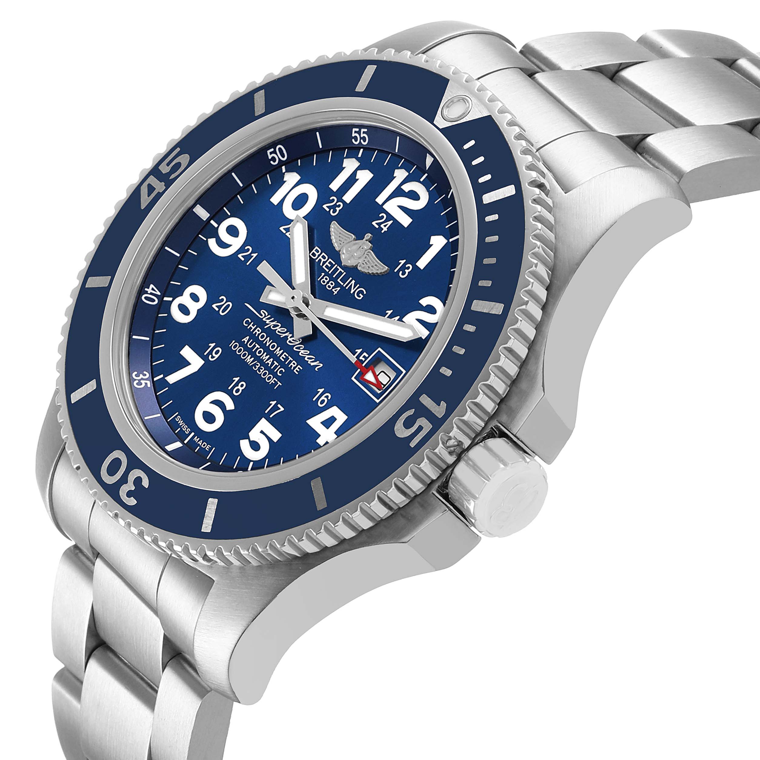 The Breitling Superocean A17392 Men's Stainless Steel Blue Dial watch is shown at a slight angle, highlighting its blue dial, bezel, crown, and metal bracelet.