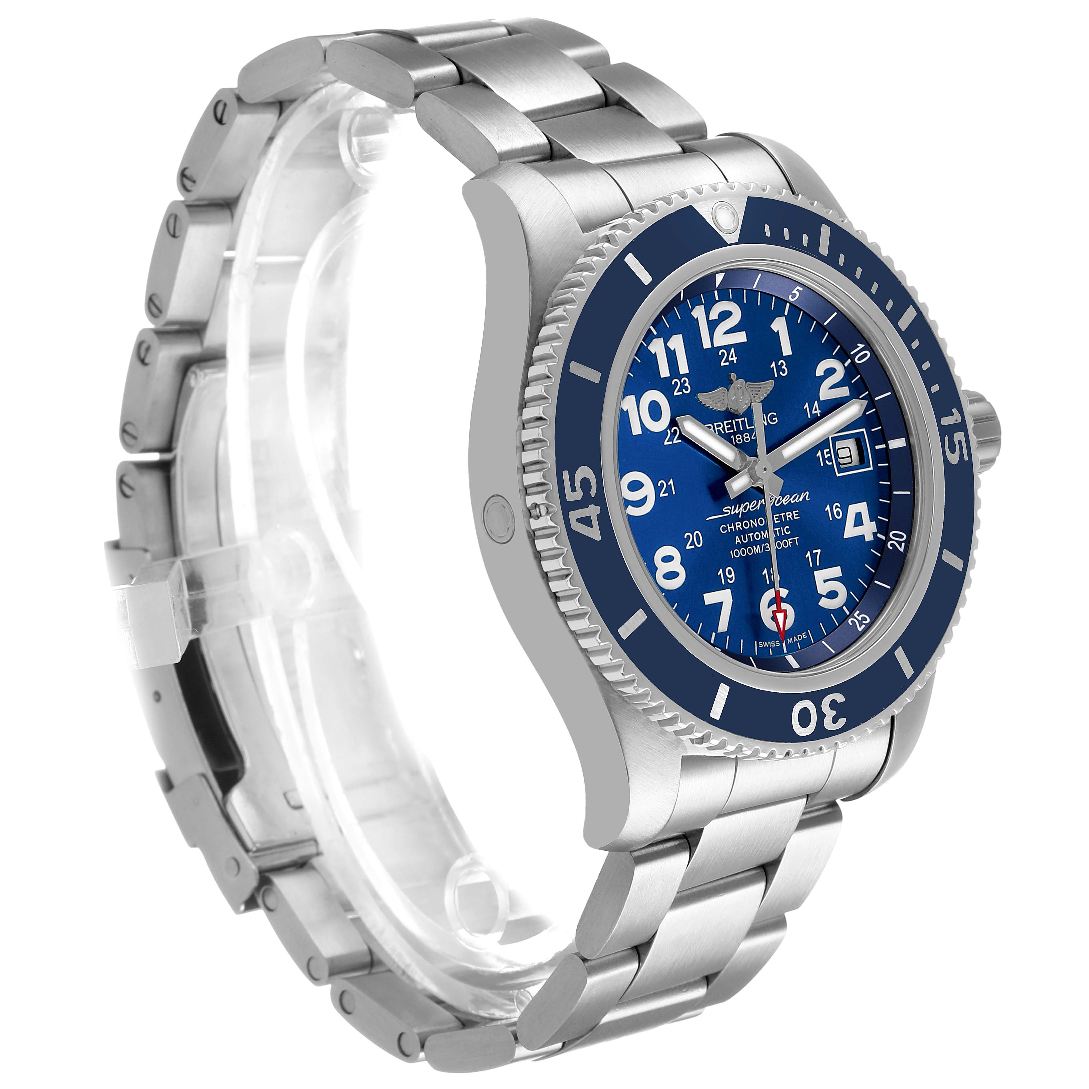 The Breitling Superocean A17392 Men's Stainless Steel Blue Dial watch is shown at a three-quarter angle, highlighting the face, bezel, and bracelet.