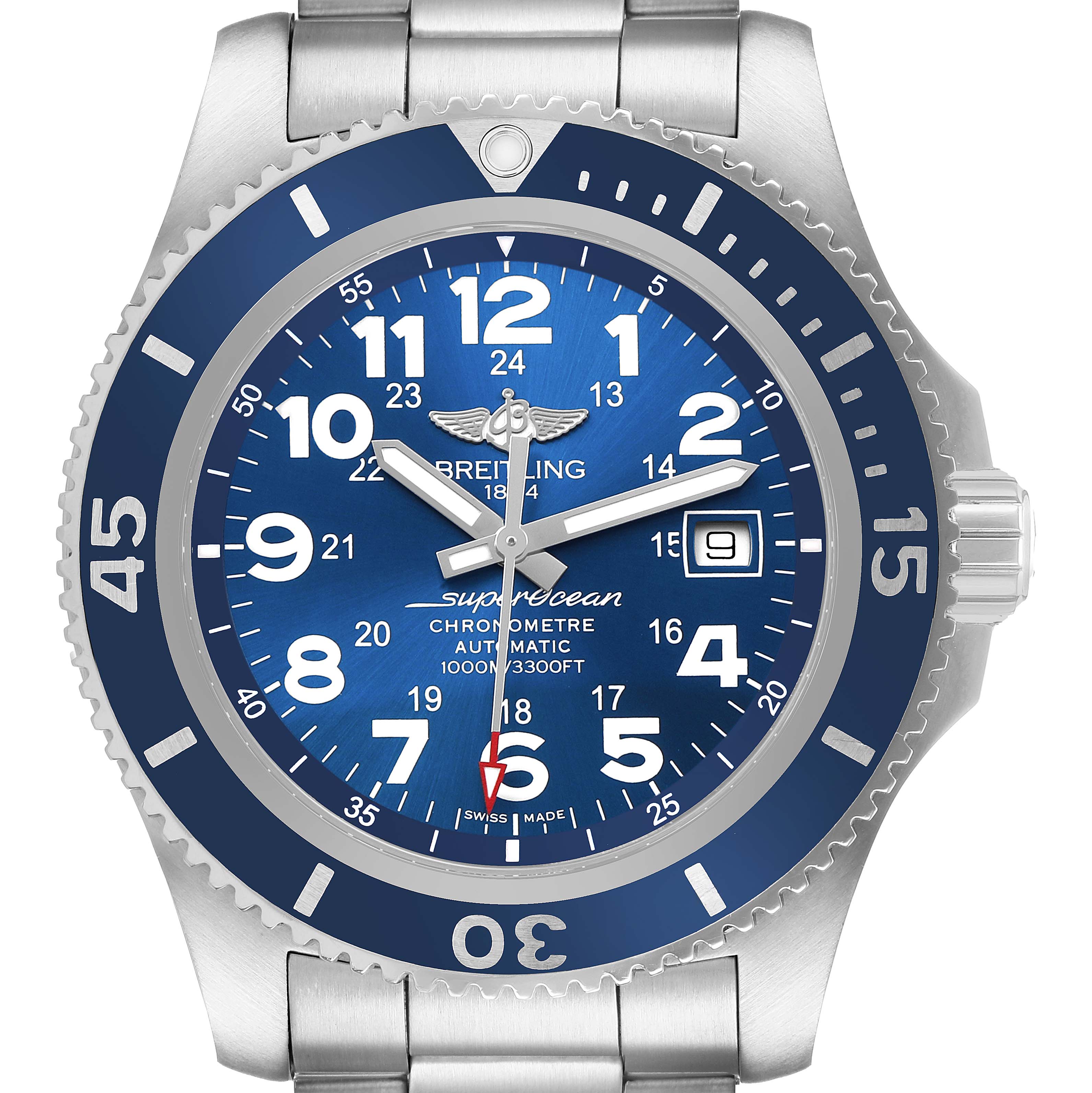 The Breitling Superocean A17392 Men's Stainless Steel Blue Dial watch is shown from the front, featuring its blue dial, bezel, and stainless steel bracelet.