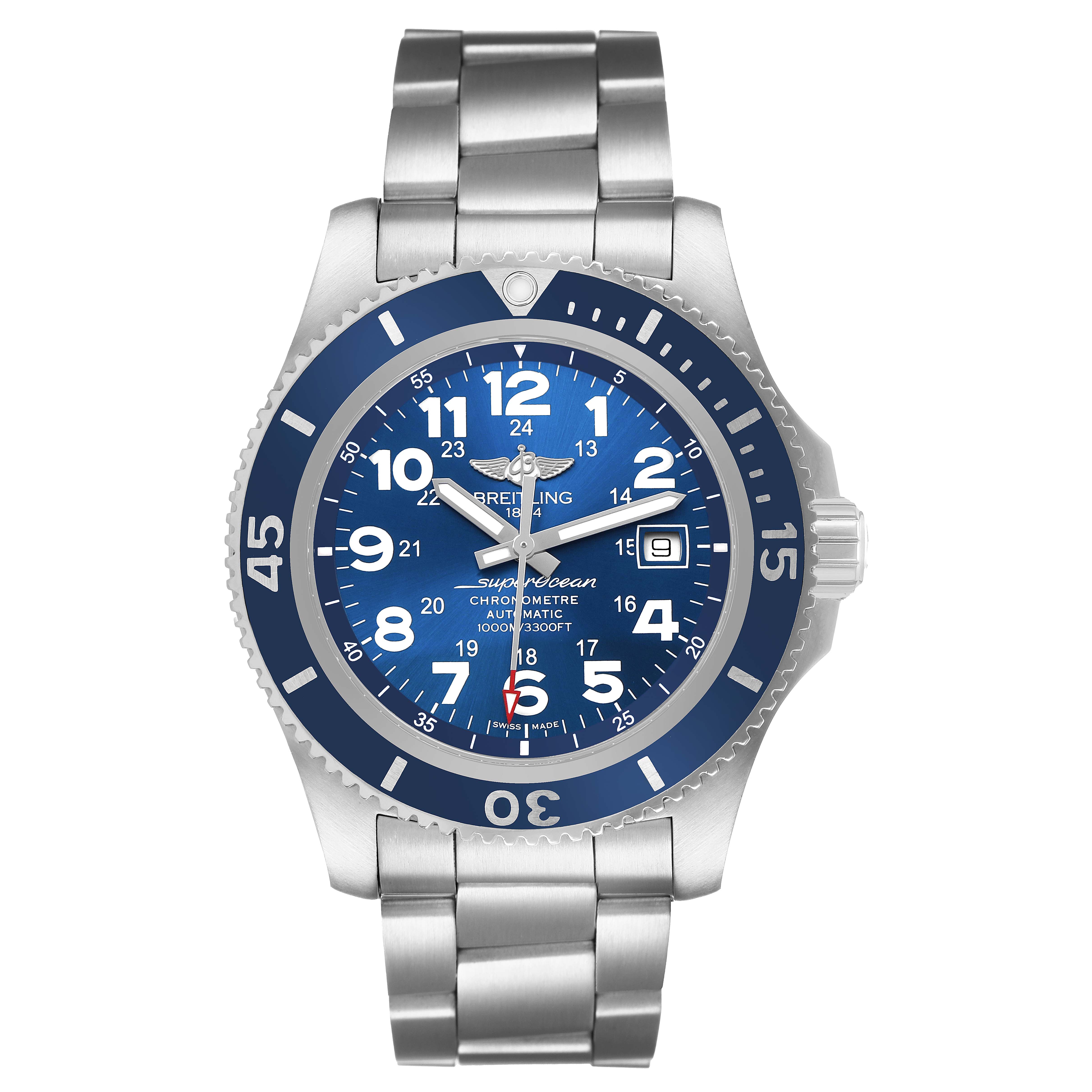 The Breitling Superocean A17392 Men's Stainless Steel Blue Dial watch is shown from a top-down angle, displaying its face, bezel, crown, and metal bracelet.