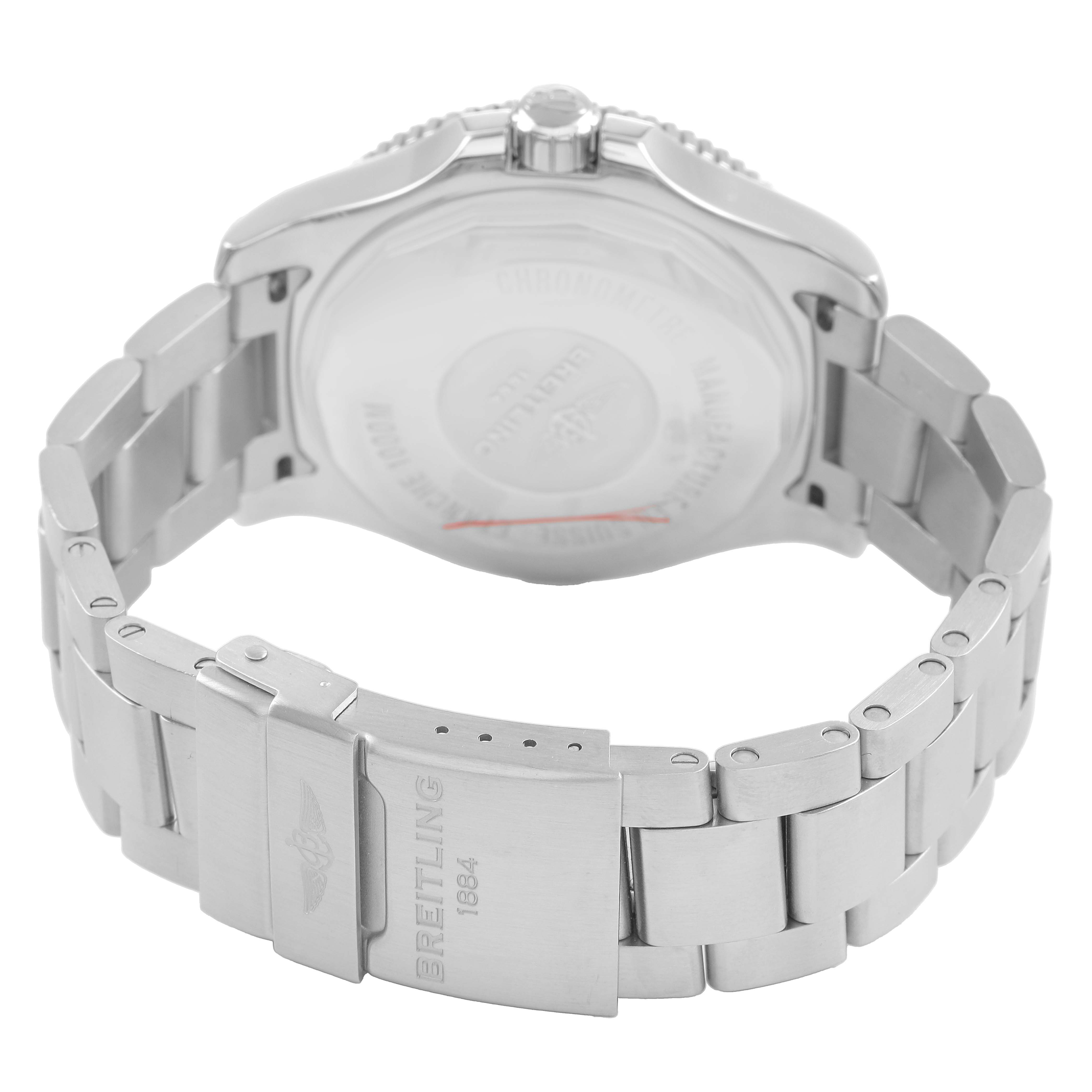 The Breitling Superocean A17392 Men's Stainless Steel Blue Dial watch is shown from the back, highlighting the case back, crown, and metal bracelet with clasp.