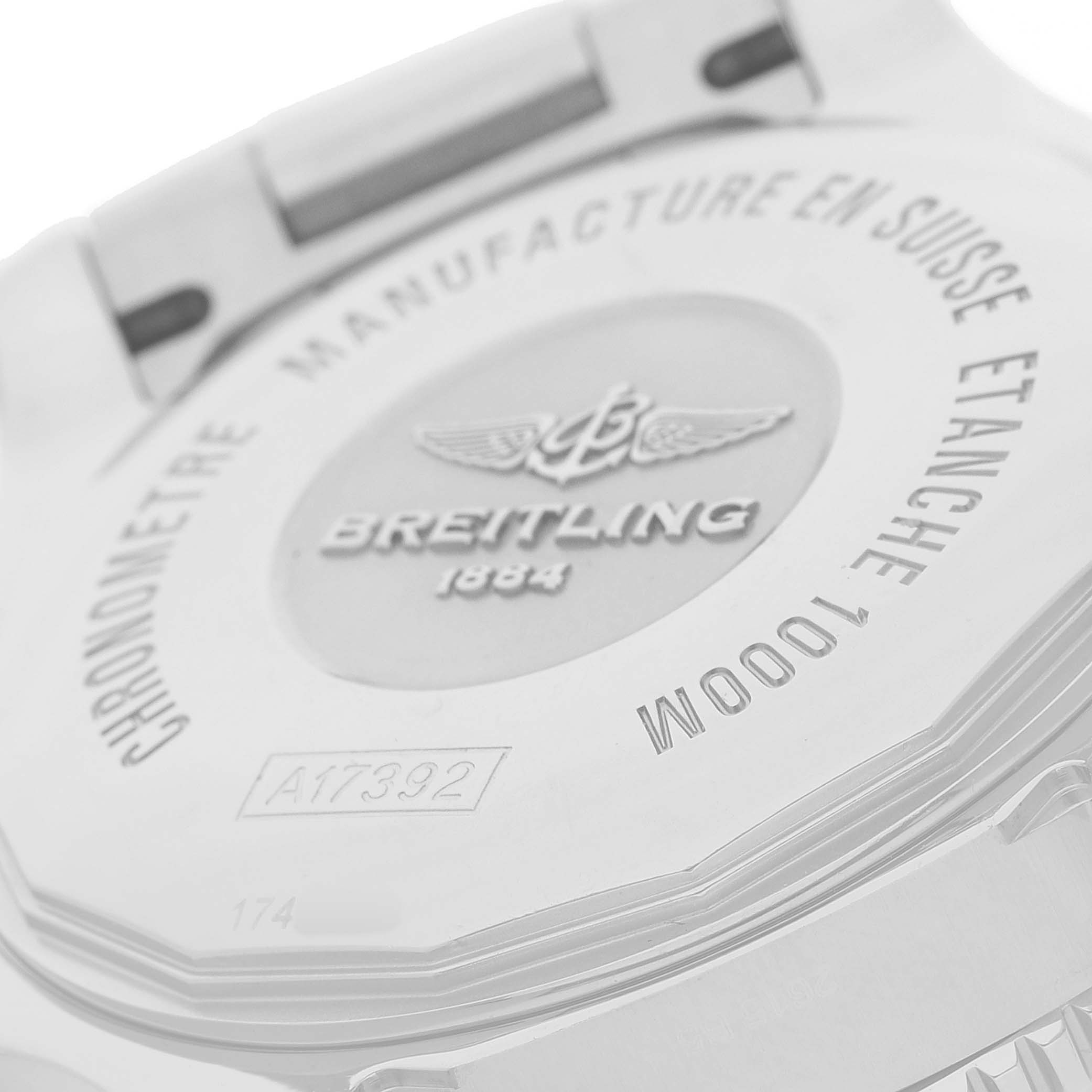 The image shows the back case of a Breitling Superocean A17392 Men's Stainless Steel Blue Dial watch, highlighting engravings and the model number.