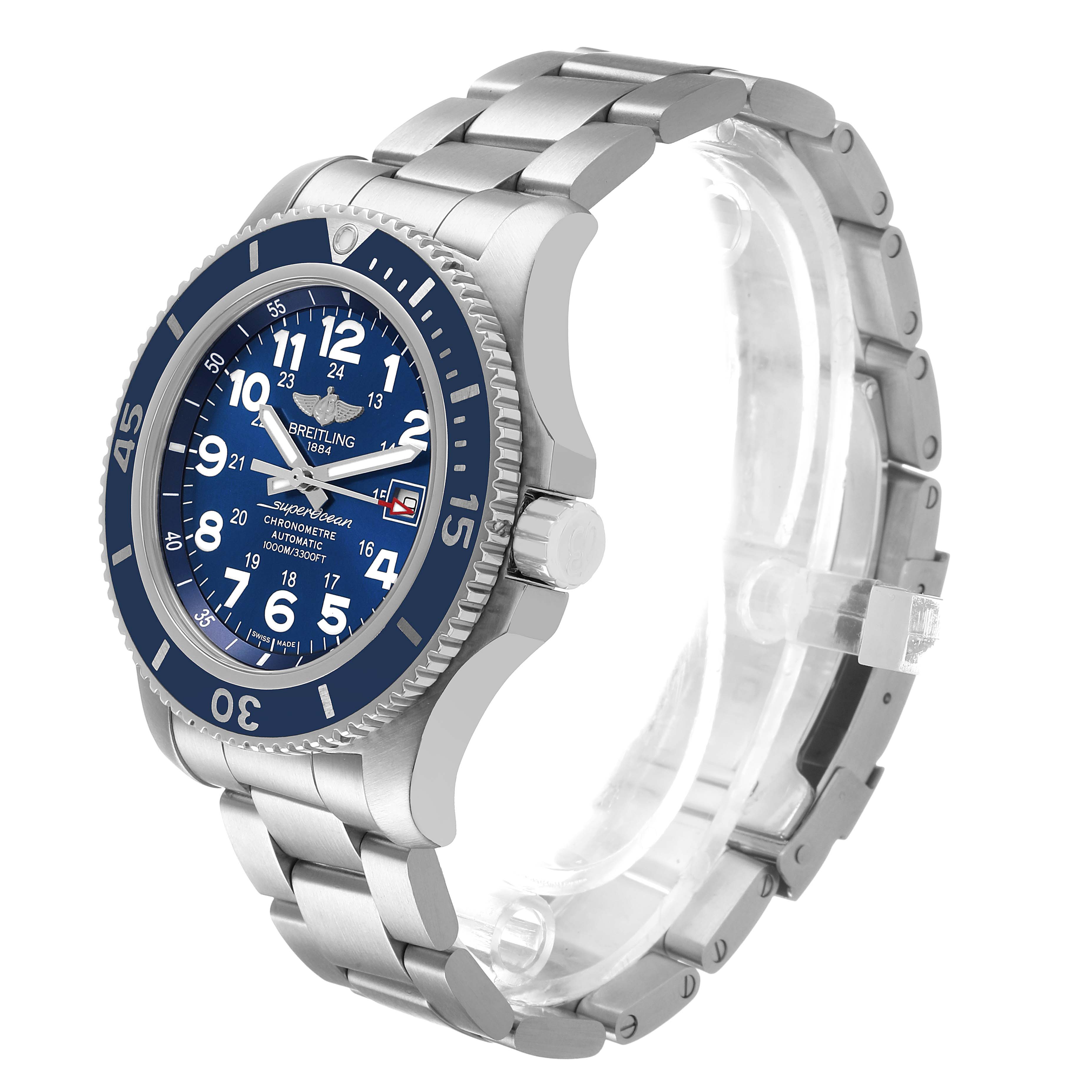 The image shows a Breitling Superocean A17392 Men's Stainless Steel Blue Dial watch at a three-quarter angle, highlighting its face, bezel, crown, and bracelet.