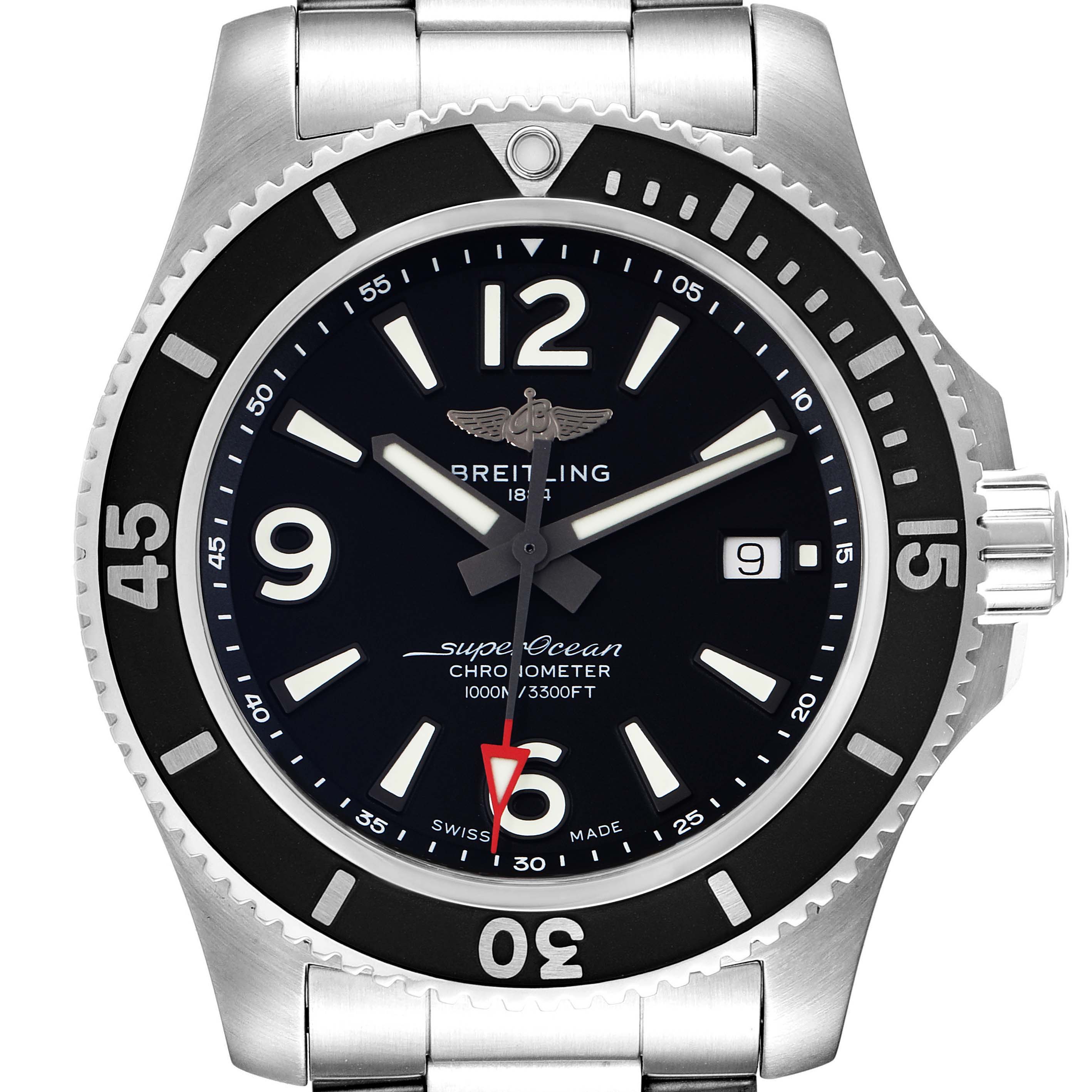 The image shows a front view of the Breitling Superocean A17367 Men's Stainless Steel Black Dial A17367 Men's Stainless Steel Black Dial watch, detailing its face, bezel, and part of the bracelet.