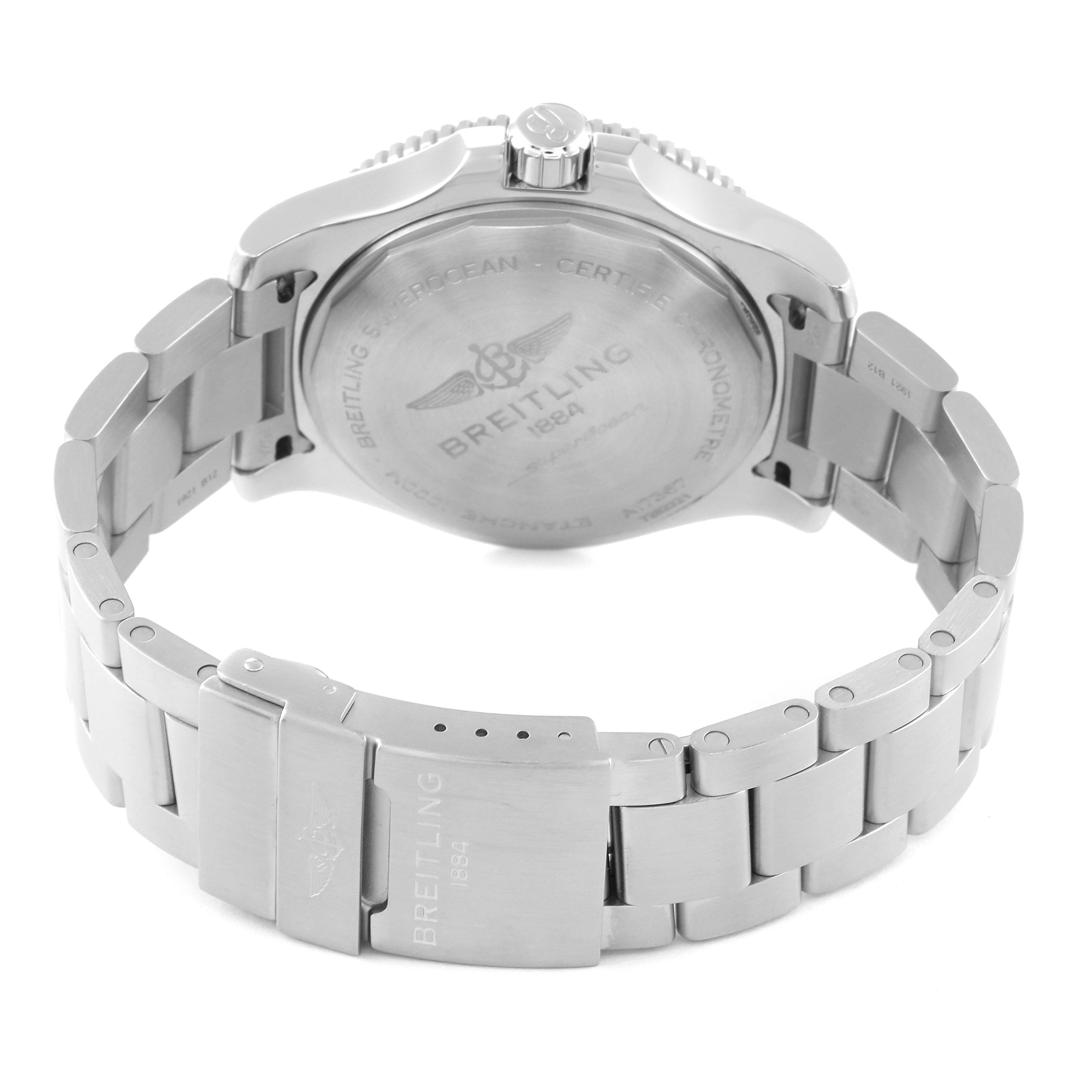 The image shows the back case, crown, and stainless steel bracelet of a Breitling Superocean A17367 Men's Stainless Steel Black Dial A17367 Men's Stainless Steel Black Dial watch.