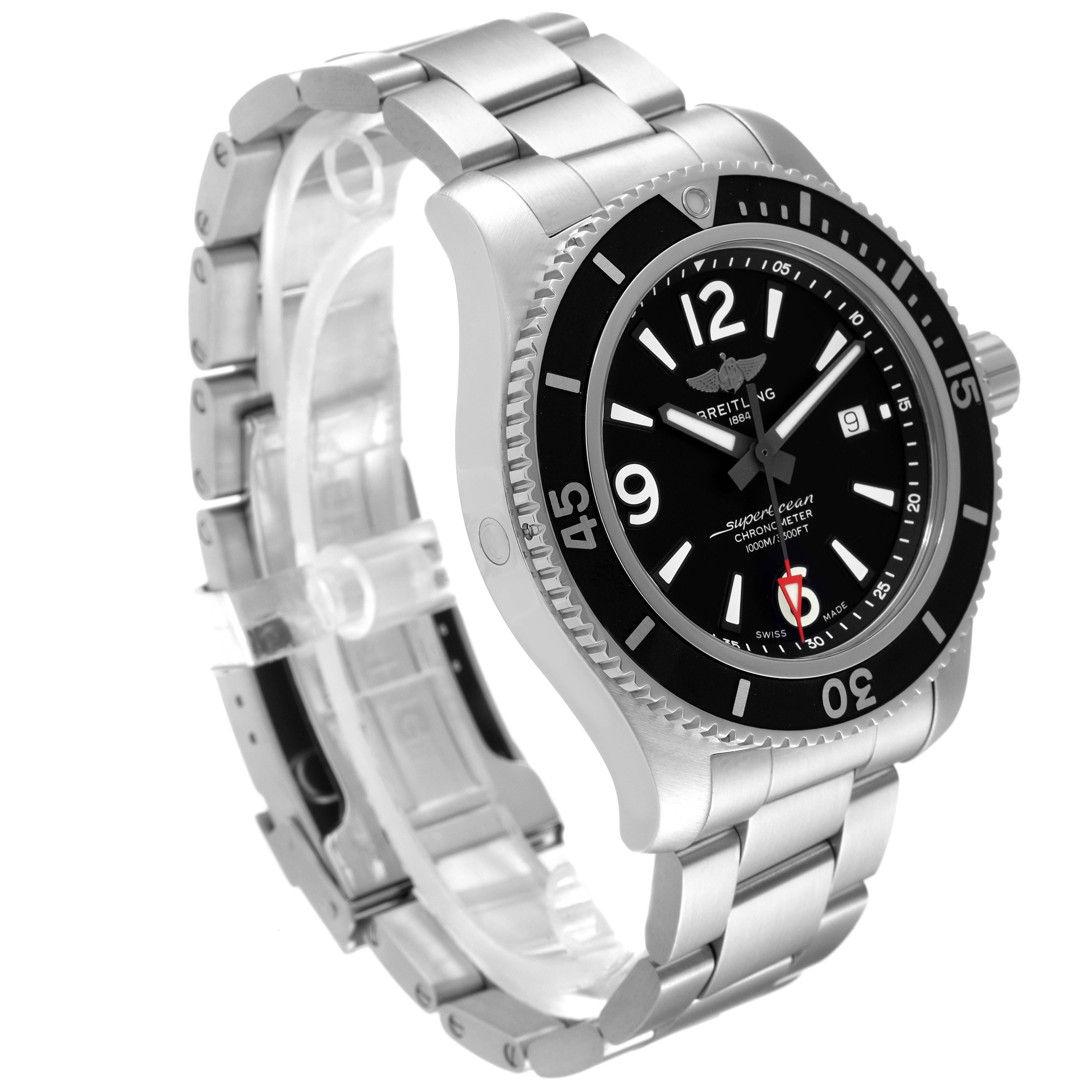 The Breitling Superocean A17367 Men's Stainless Steel Black Dial A17367 Men's Stainless Steel Black Dial watch is shown at an angle revealing the face, bezel, case, and stainless steel bracelet.