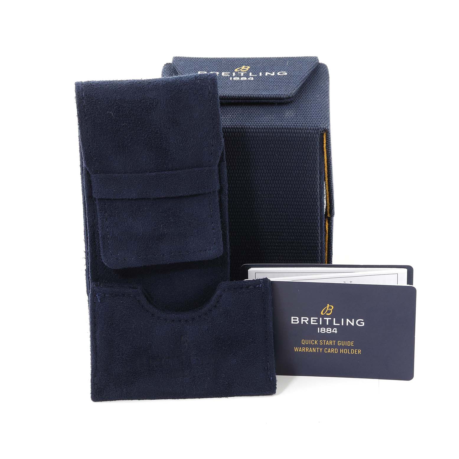 The image shows the packaging and accessories of a Breitling Superocean A17367 Men's Stainless Steel Black Dial A17367 Men's Stainless Steel Black Dial watch, including a pouch, box, and warranty card holder.