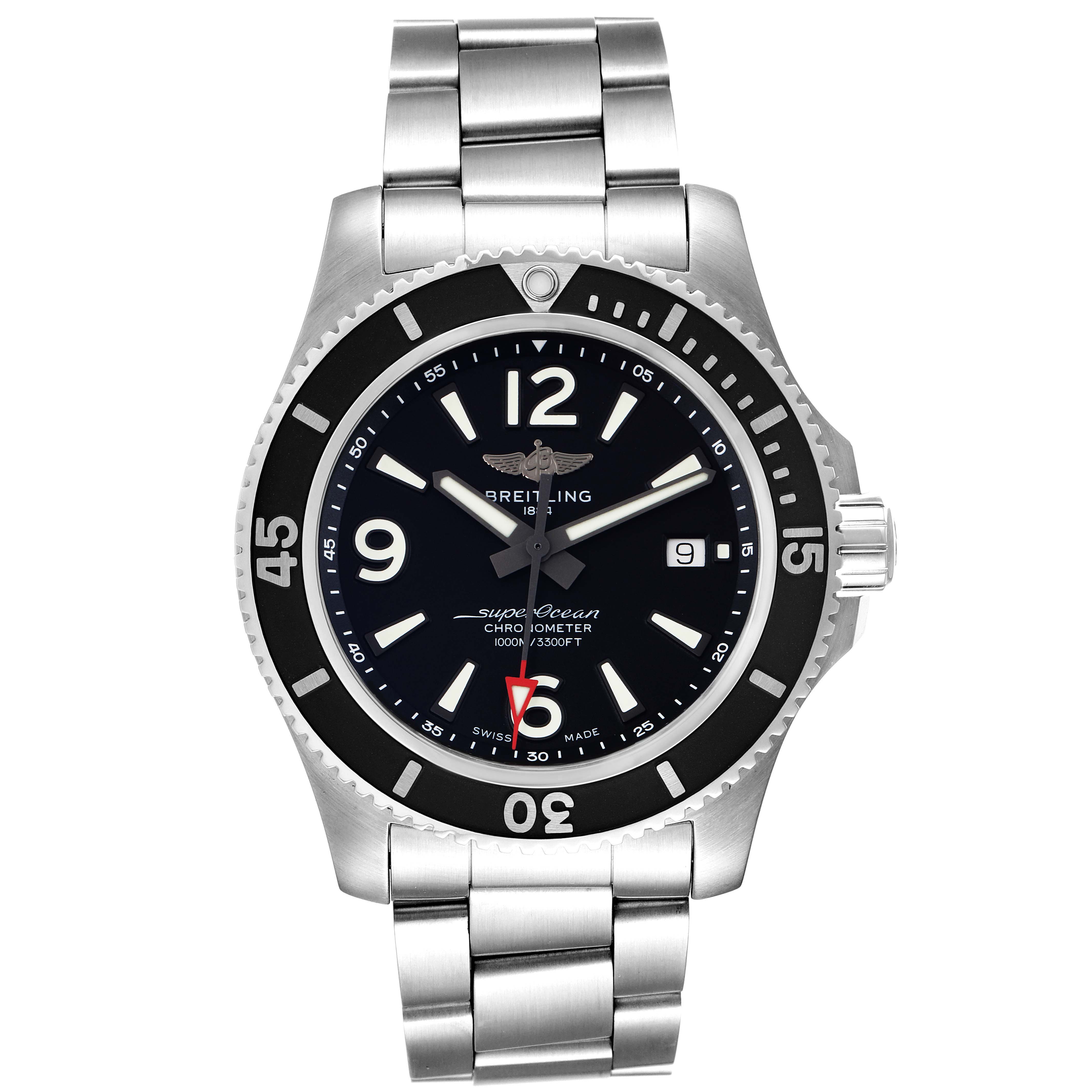 The Breitling Superocean A17367 Men's Stainless Steel Black Dial A17367 Men's Stainless Steel Black Dial watch is shown from a front angle, featuring its face, bezel, and stainless steel bracelet.