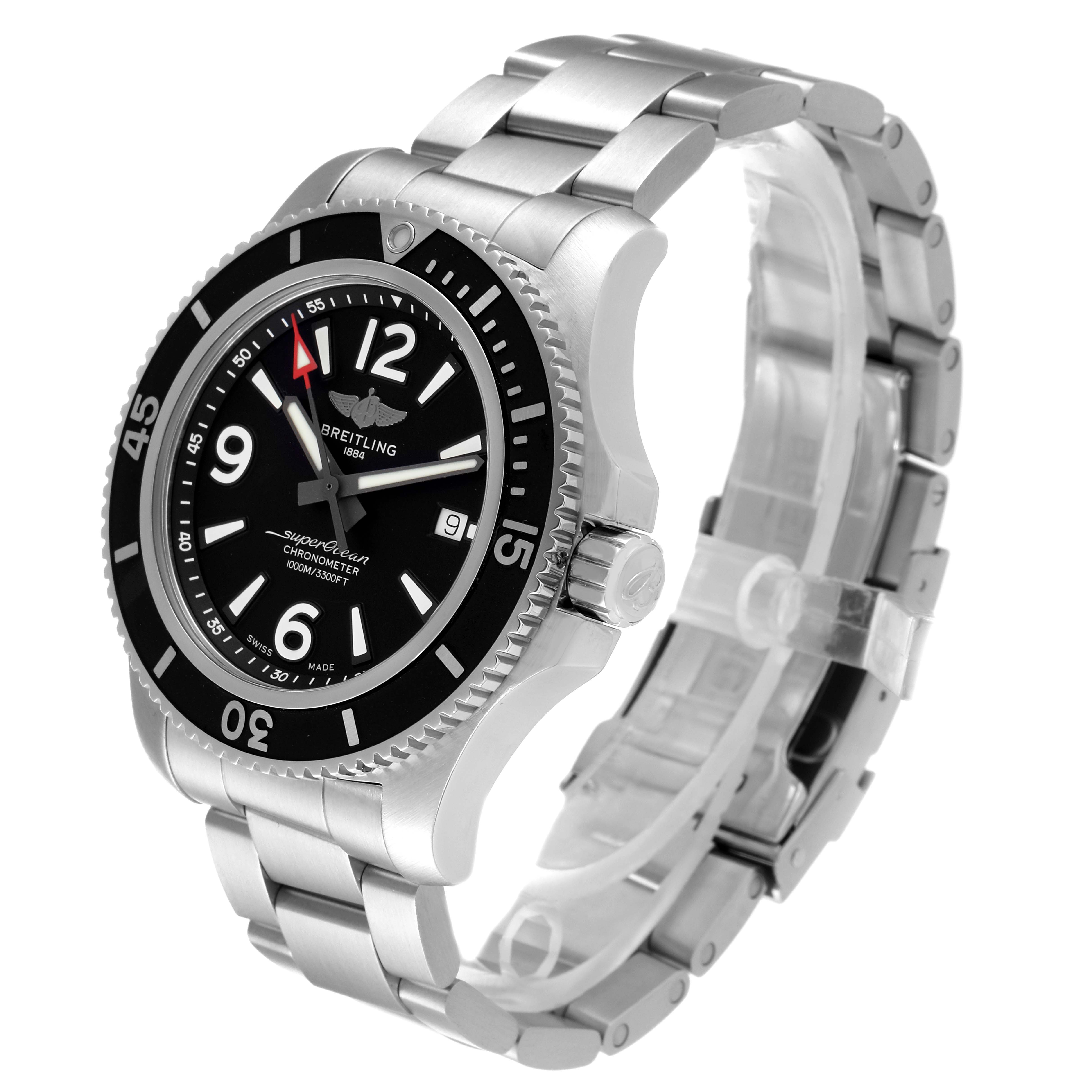 The image shows a Breitling Superocean A17367 Men's Stainless Steel Black Dial A17367 Men's Stainless Steel Black Dial watch angled from the front-left, displaying the bezel, dial, bracelet, and crown.