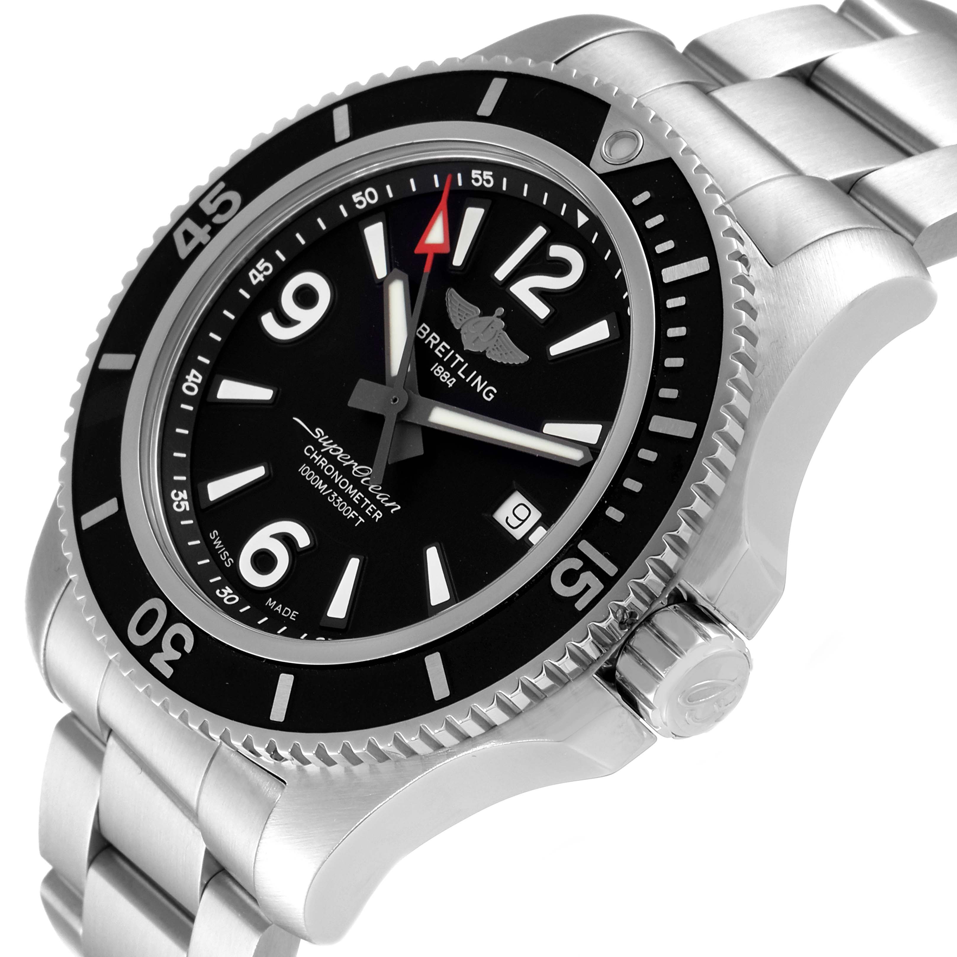 The image shows a side angle of the Breitling Superocean A17367 Men's Stainless Steel Black Dial A17367 Men's Stainless Steel Black Dial watch, highlighting its bezel, dial, and stainless steel bracelet.
