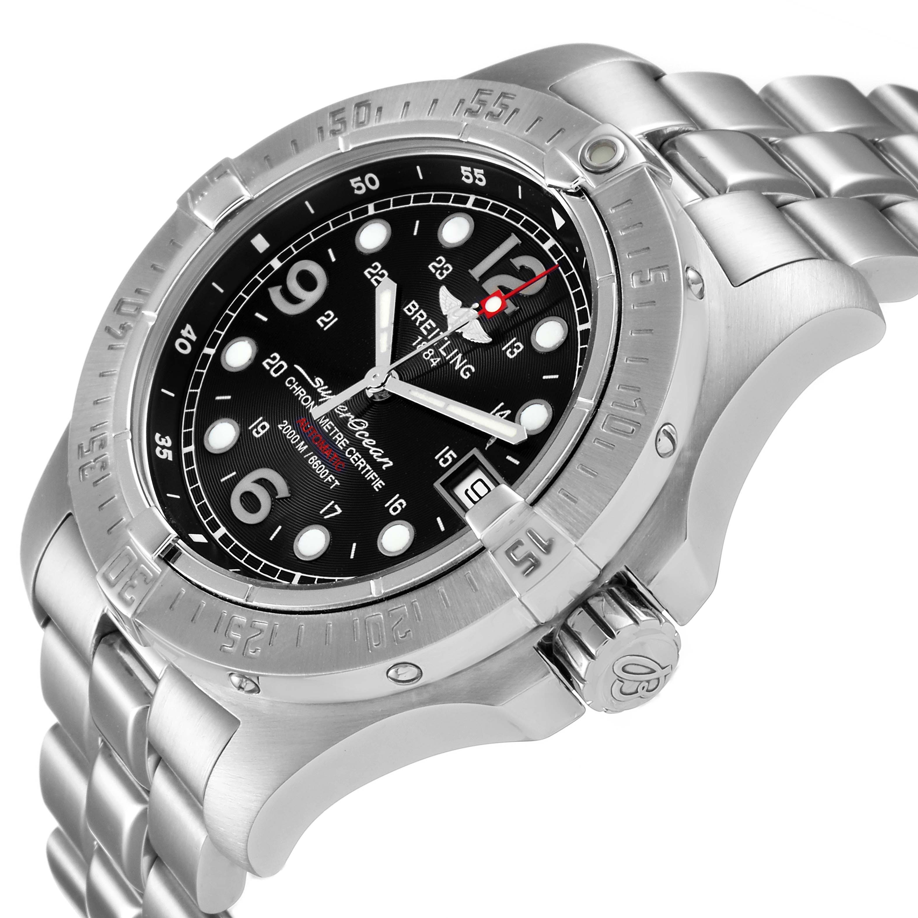 This image shows a Breitling Superocean A17390 Men
s Stainless Steel Black Dial A17390 Men
s Stainless Steel Black Dial watch at an angle, highlighting the bezel, dial, bracelet, and crown.