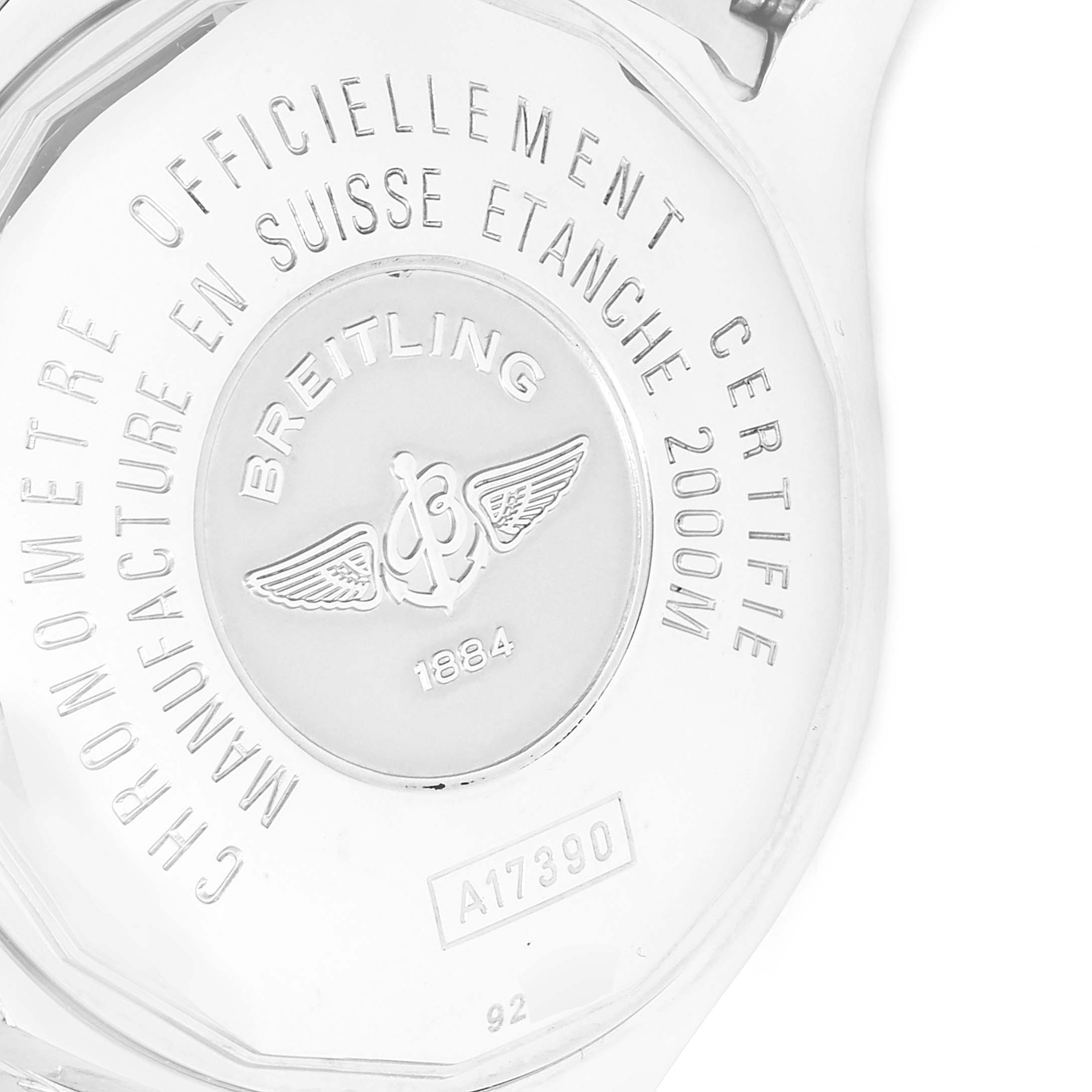 This image shows the case back of a Breitling Superocean A17390 Men
s Stainless Steel Black Dial A17390 Men
s Stainless Steel Black Dial watch, highlighting its branding and certification engravings.