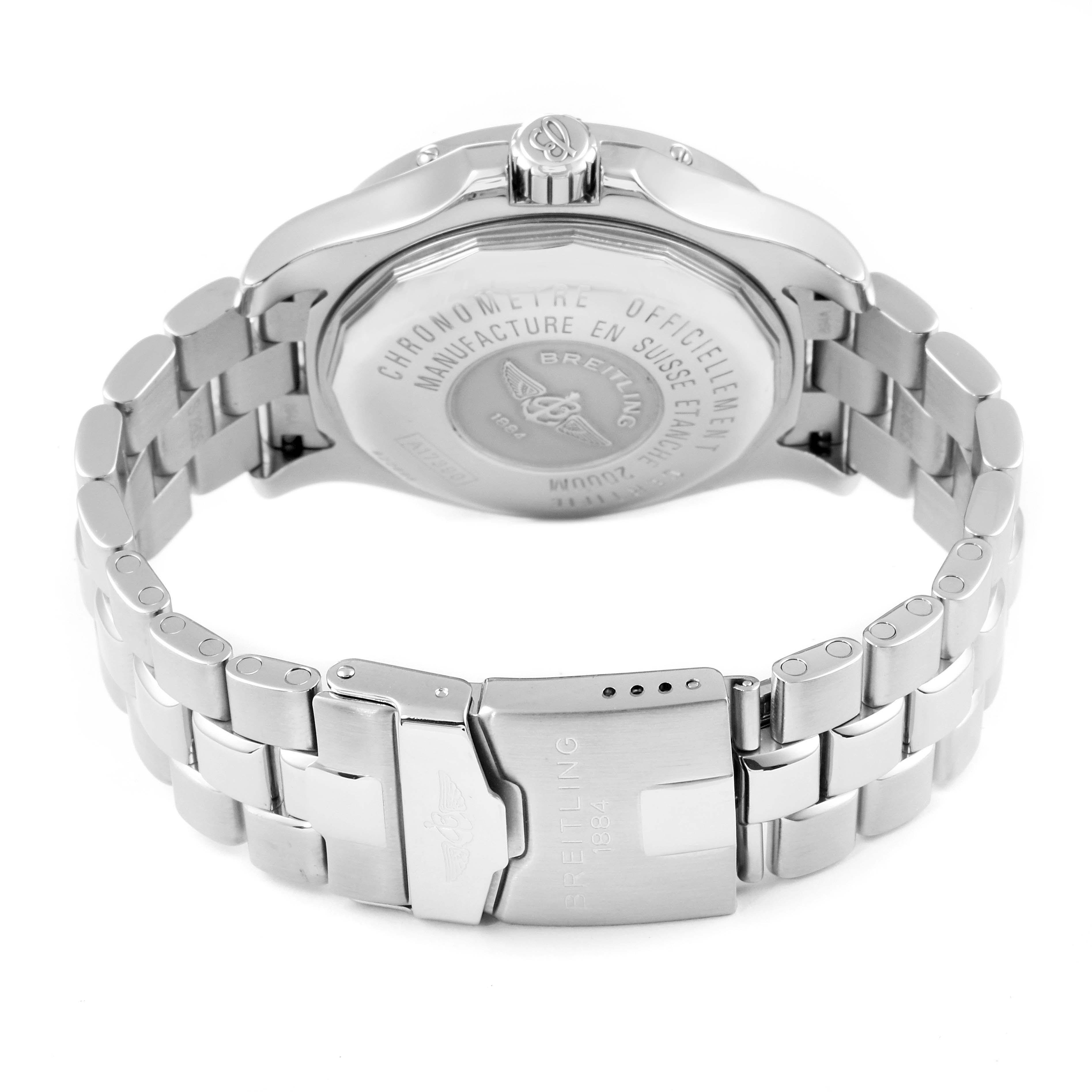 The image shows the back and clasp of the Breitling Superocean A17390 Men
s Stainless Steel Black Dial A17390 Men
s Stainless Steel Black Dial watch, displaying the engraved caseback and metal bracelet.