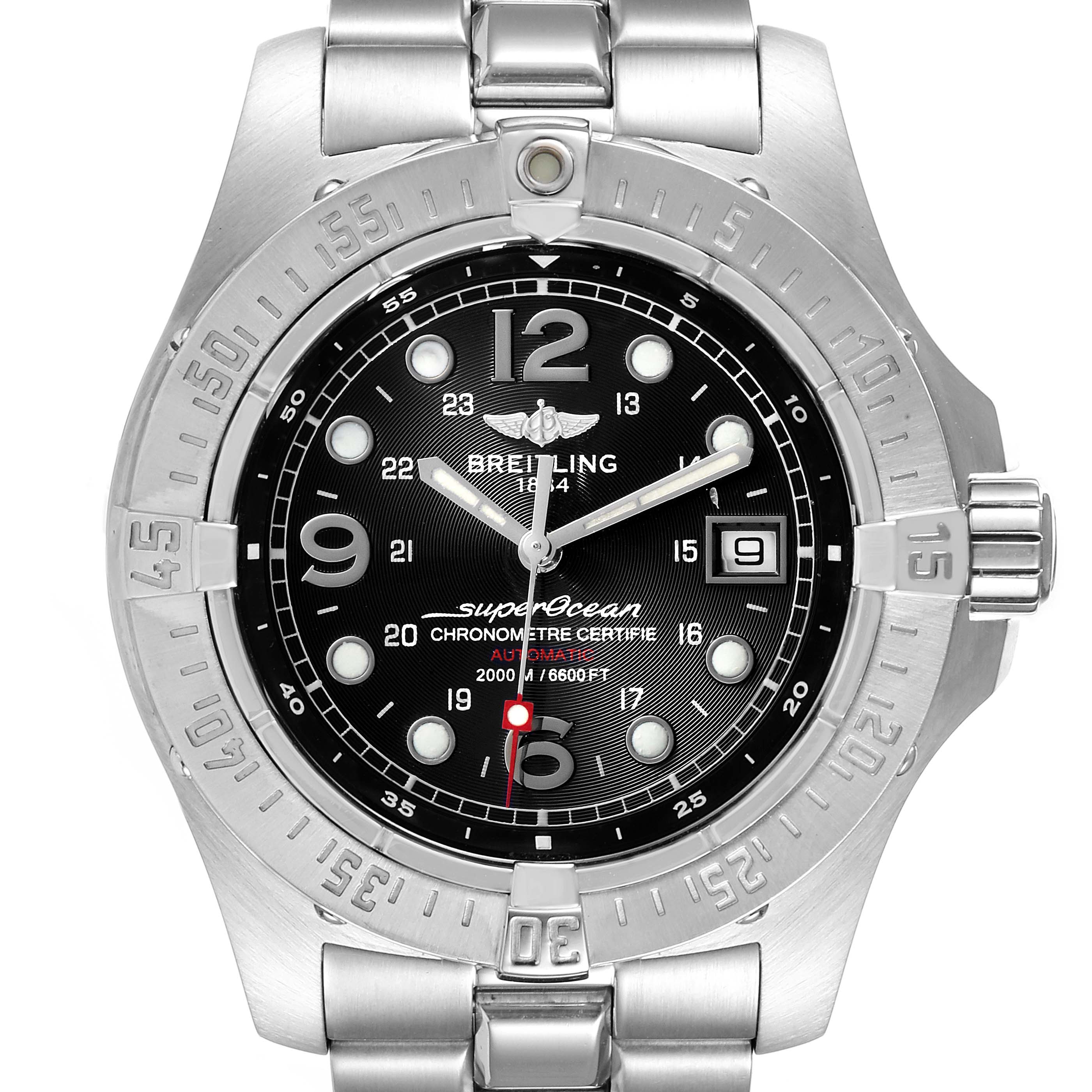 This image shows a front view of the Breitling Superocean A17390 Men
s Stainless Steel Black Dial A17390 Men
s Stainless Steel Black Dial watch, displaying its face, bezel, and part of the bracelet.