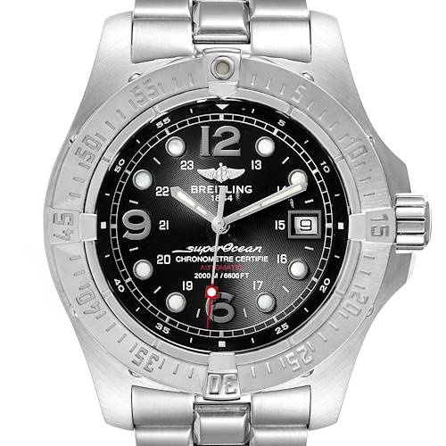 This image shows a front view of the Breitling Superocean watch, highlighting its dial, bezel, and bracelet.