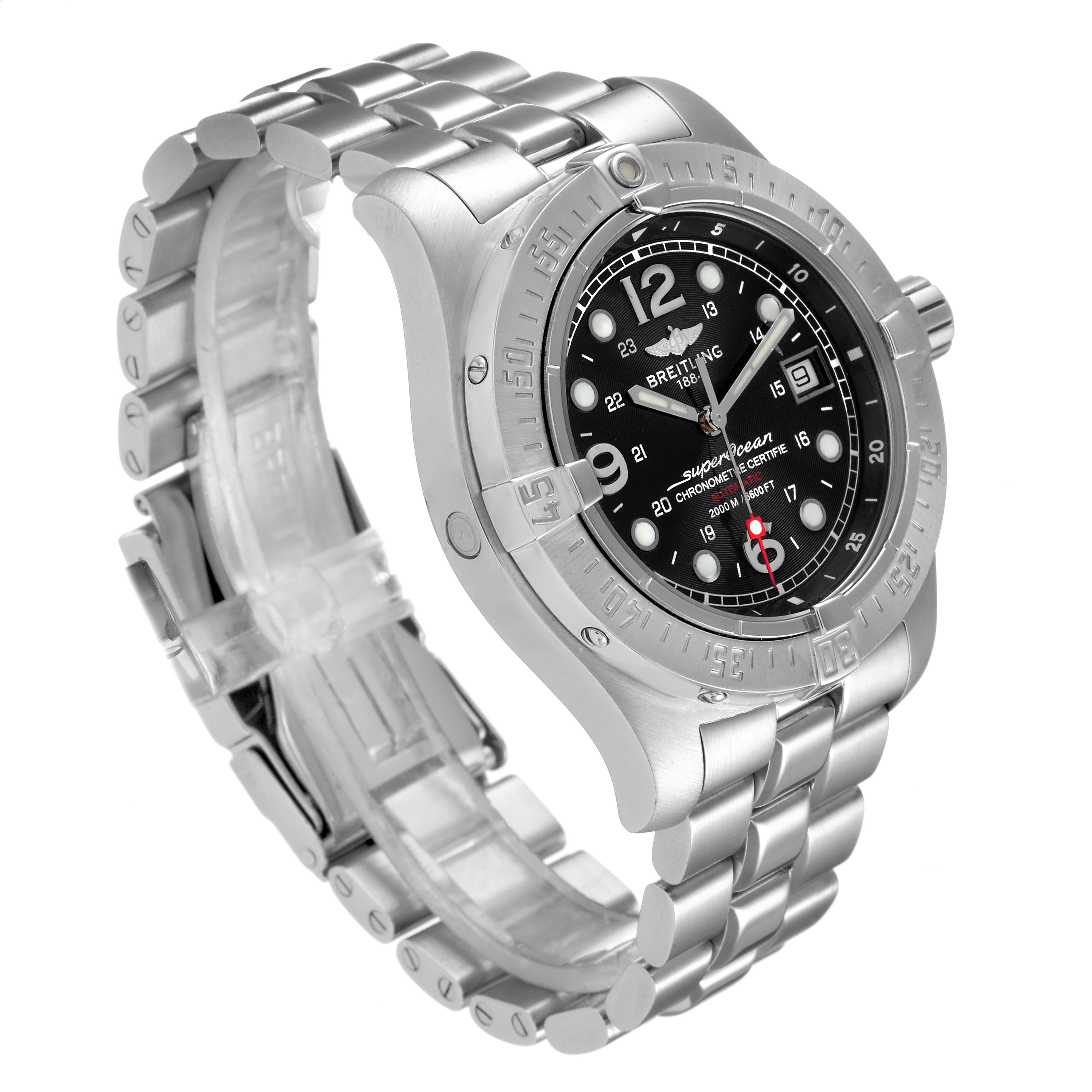 The image shows a Breitling Superocean A17390 Men
s Stainless Steel Black Dial A17390 Men
s Stainless Steel Black Dial watch from an angled perspective, highlighting its stainless steel case, bezel, bracelet, and black dial.