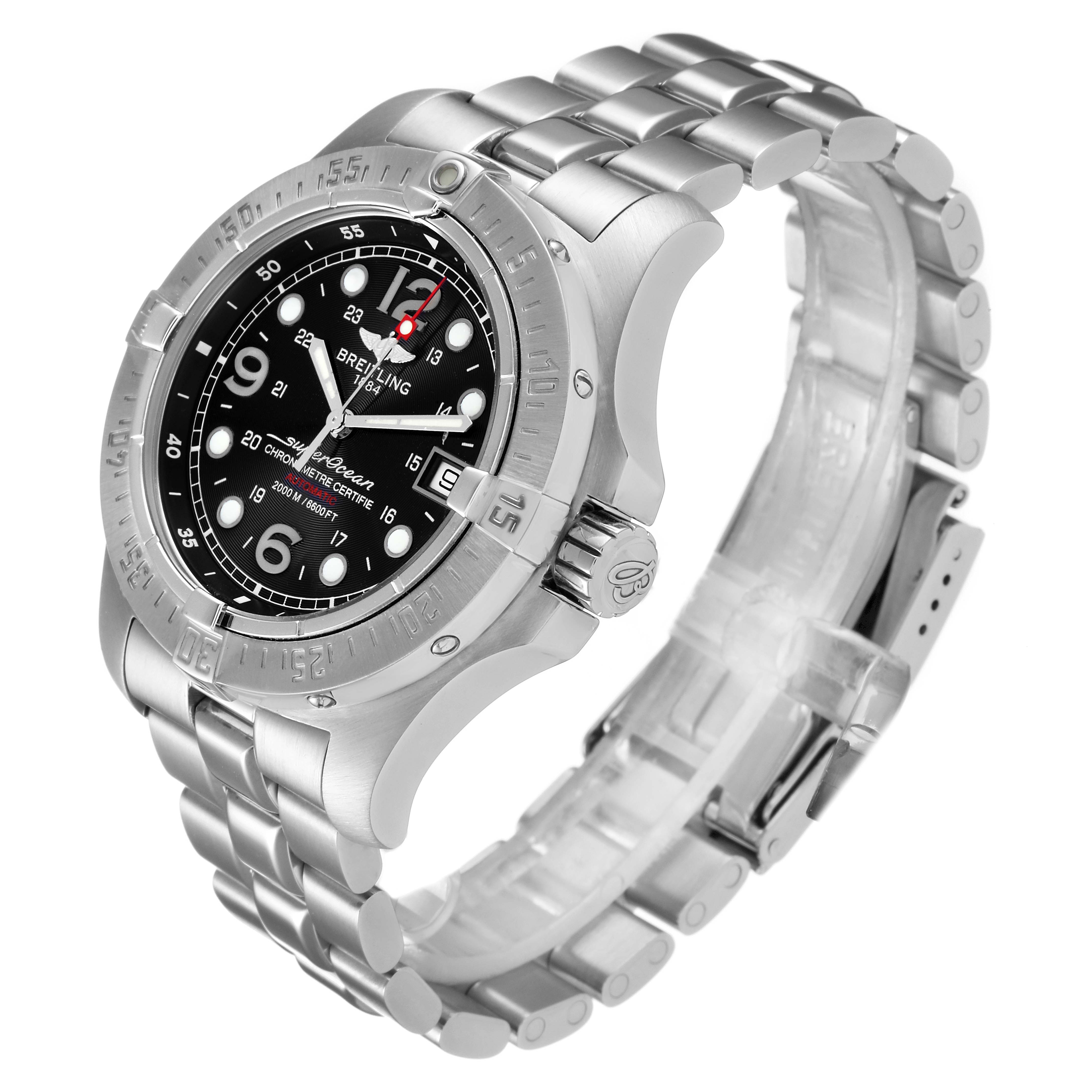 The image shows a Breitling Superocean A17390 Men
s Stainless Steel Black Dial A17390 Men
s Stainless Steel Black Dial watch at an angle that highlights the face, bezel, crown, and bracelet.