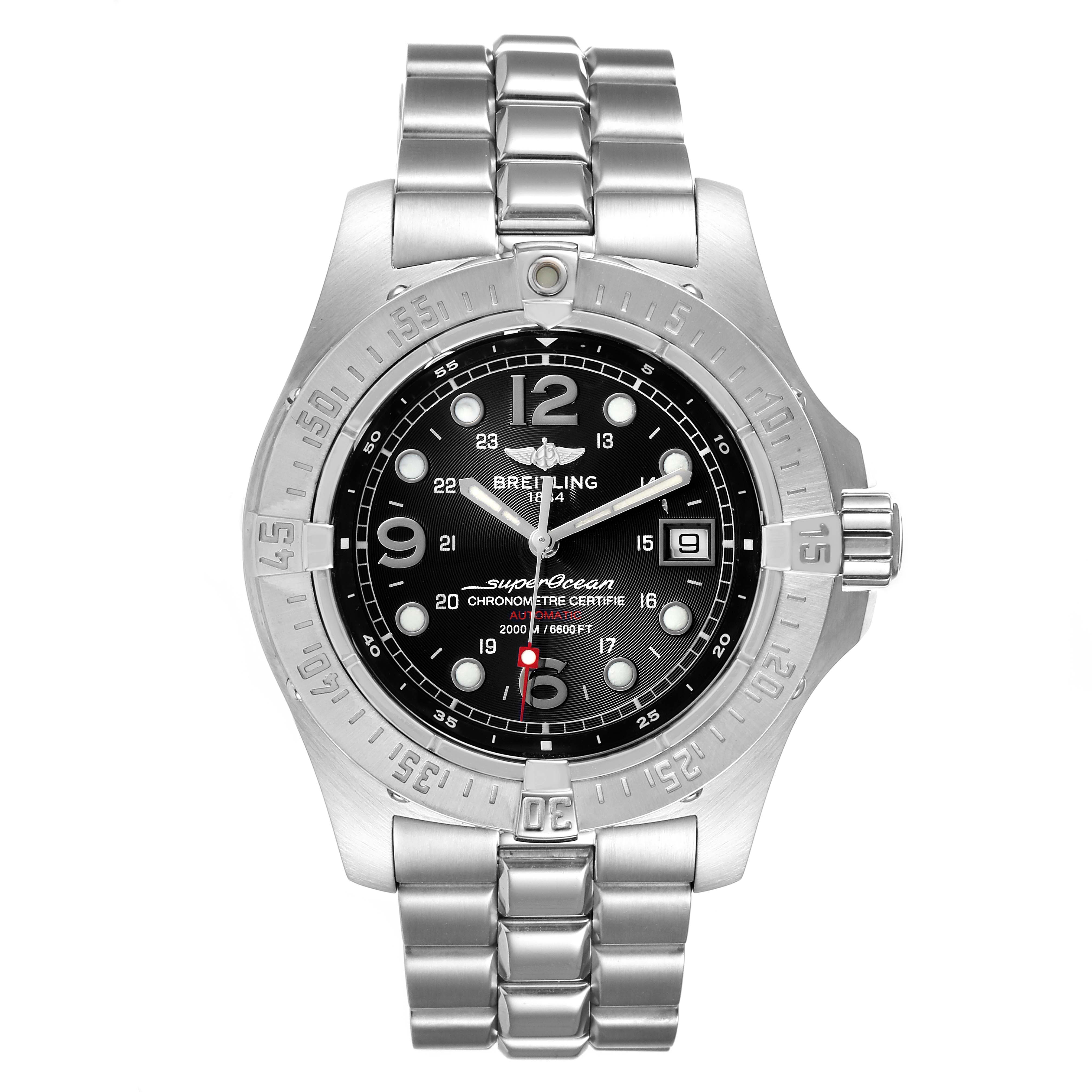The image shows a frontal view of a Breitling Superocean A17390 Men
s Stainless Steel Black Dial A17390 Men
s Stainless Steel Black Dial watch, displaying its dial, bezel, and bracelet.