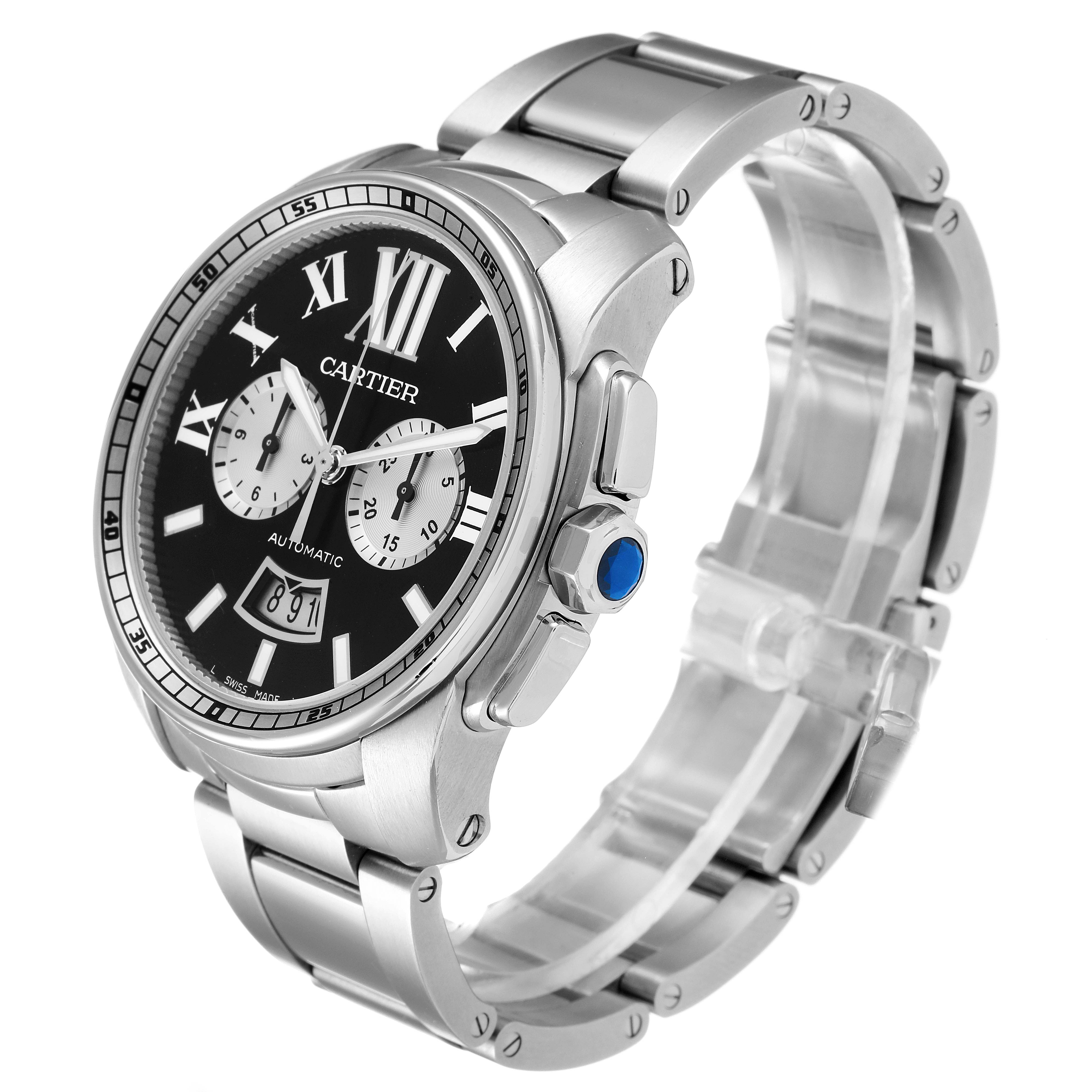 This image shows a side view of the Calibre de Cartier model by Cartier, highlighting its dial, case, crown, and bracelet.