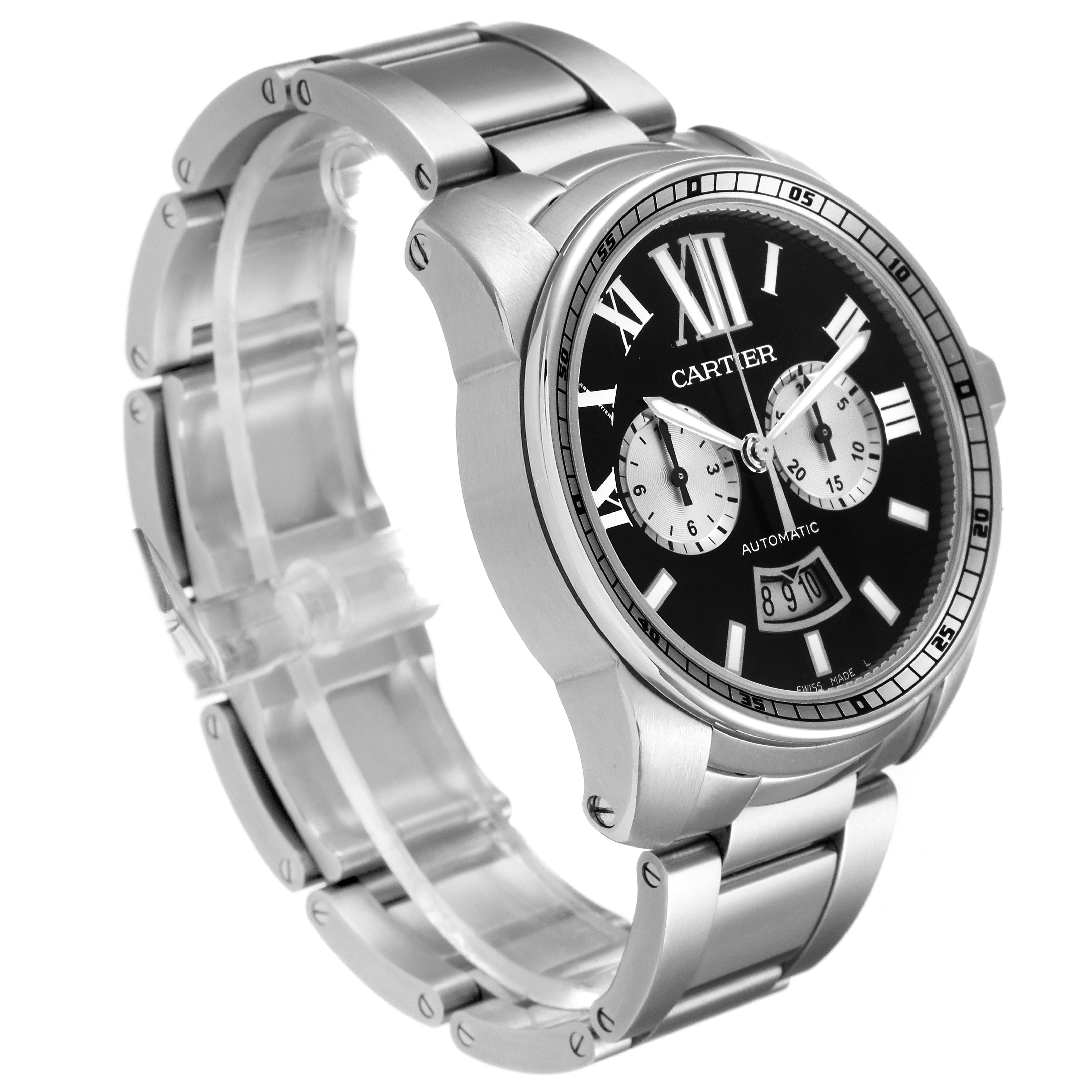 The image shows a side angle of the Calibre de Cartier watch by Cartier, displaying its face, bracelet, and clasp.