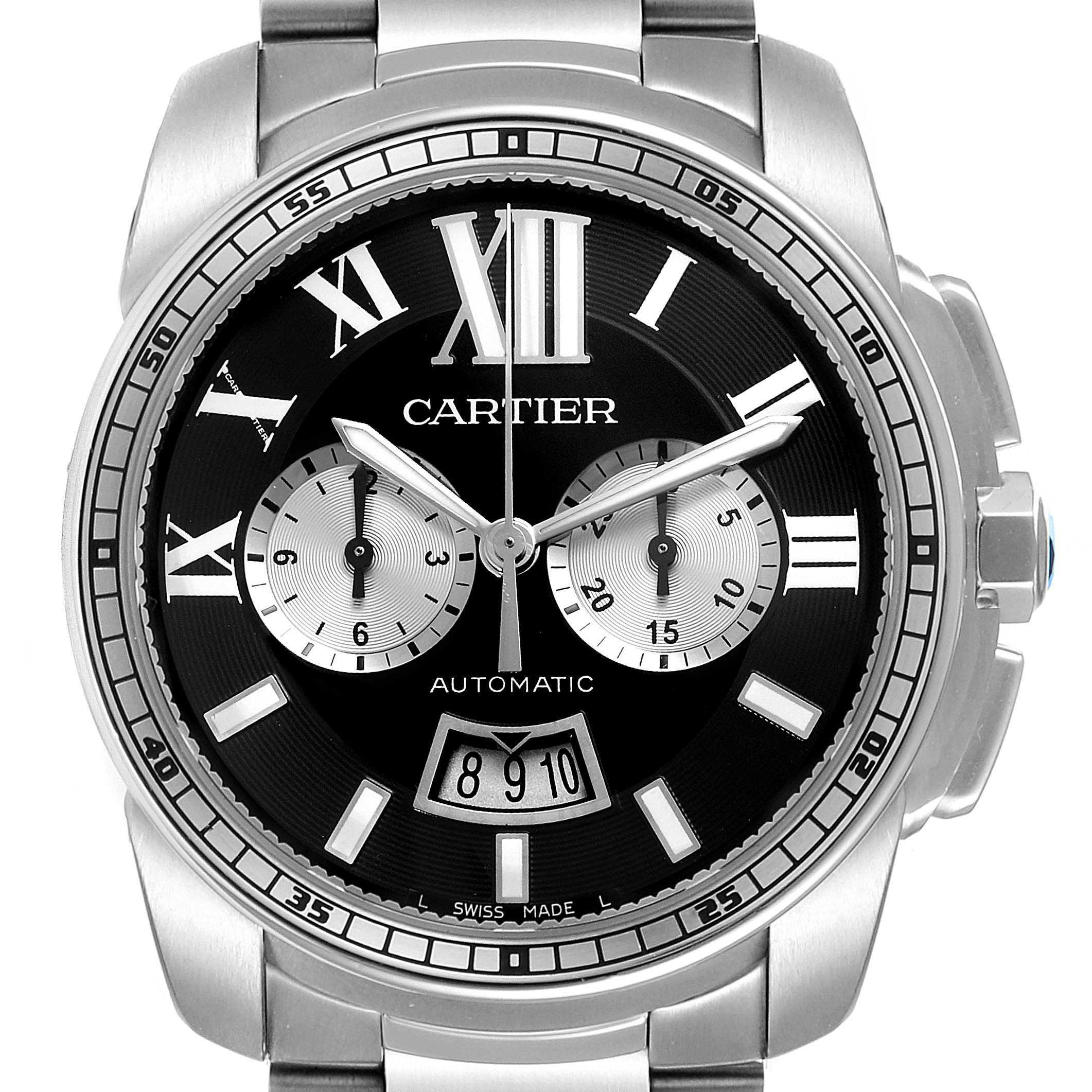 The image shows a front view of a Calibre de Cartier watch by Cartier, highlighting its face with Roman numerals, chronograph subdials, and date display.