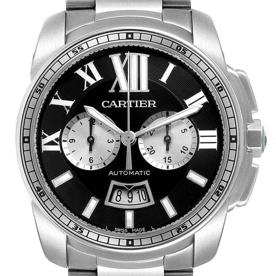 Cartier Calibre Black Dial Chronograph Steel Mens Watch W7100061 Box Papers SwissWatchExpo