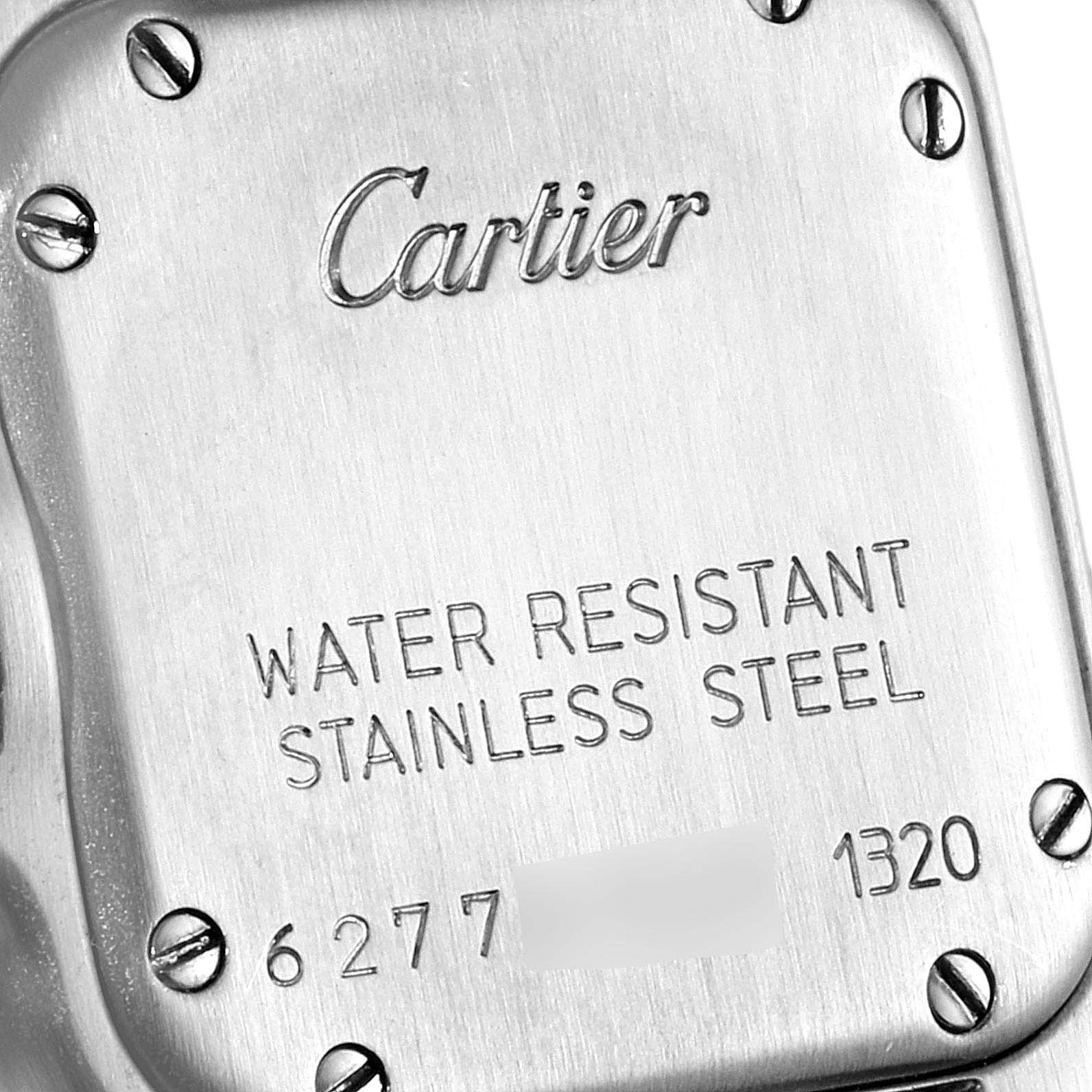 This image shows the back case of a Cartier Panthere W25033P5 Women
s Stainless Steel Silver Dial W25033P5 Women
s Stainless Steel Silver Dial watch, highlighting engravings and screws.