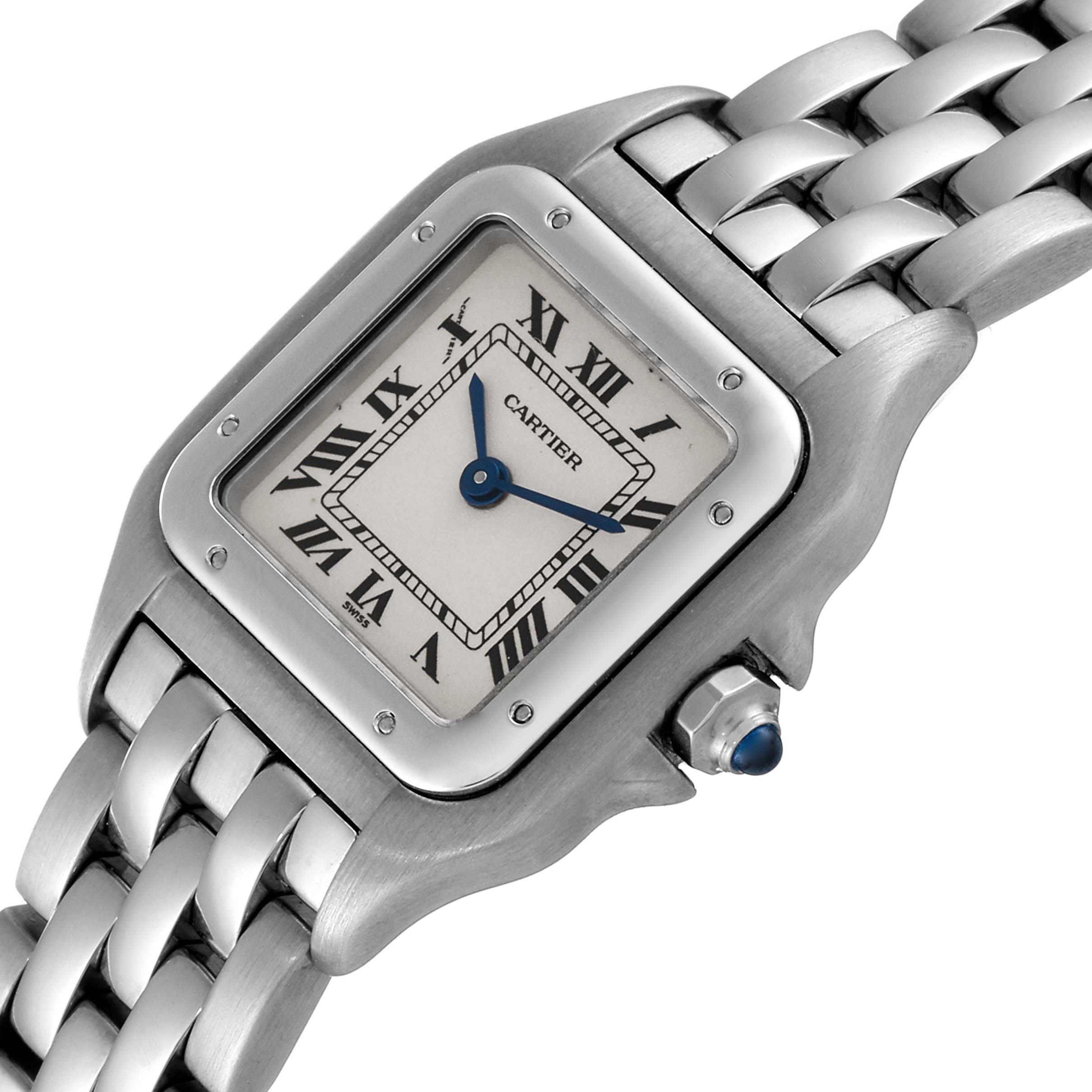 This image shows a close-up, angled view of the dial, case, and part of the bracelet of the Cartier Panthere W25033P5 Women
s Stainless Steel Silver Dial W25033P5 Women
s Stainless Steel Silver Dial watch.