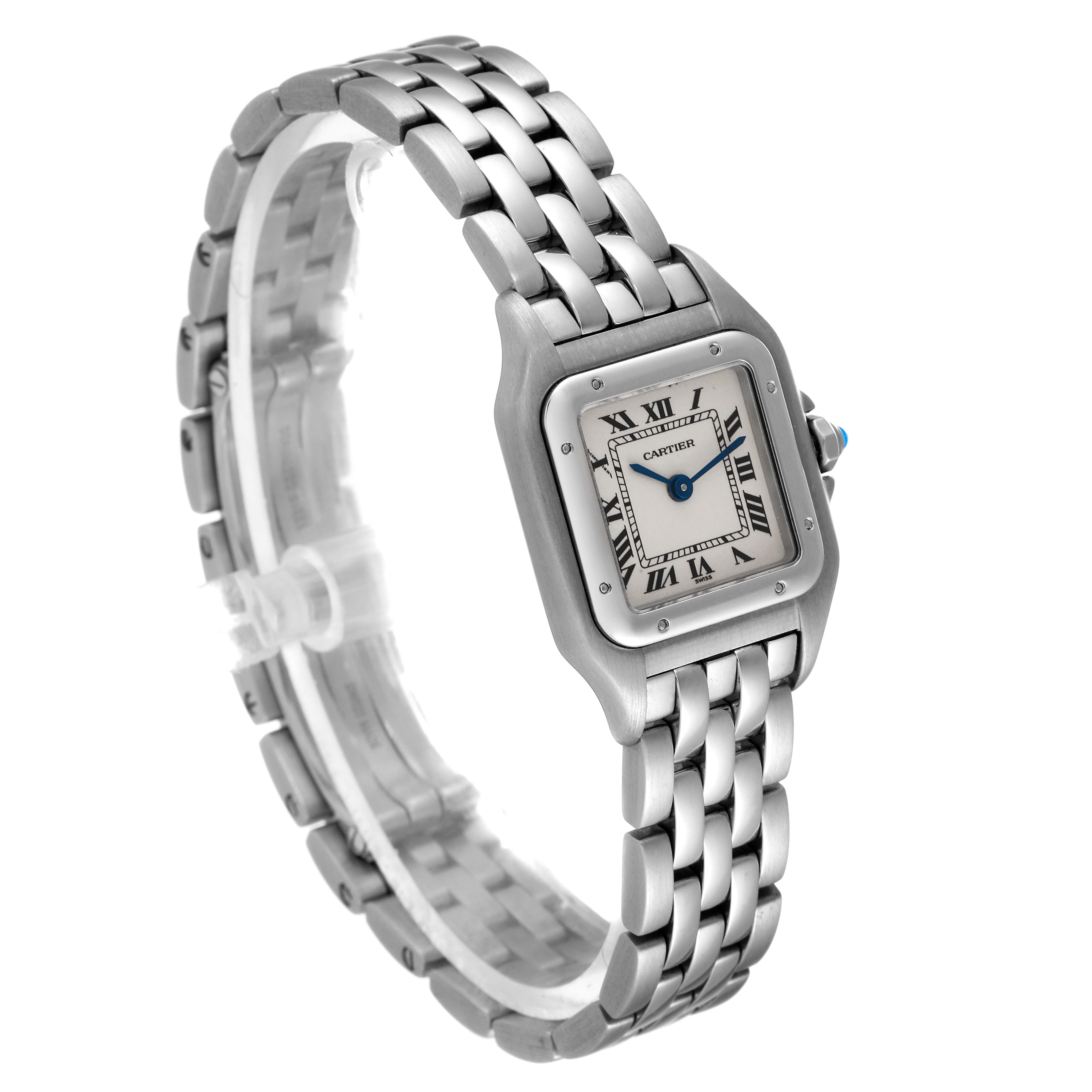 The image shows a Cartier Panthere W25033P5 Women
s Stainless Steel Silver Dial W25033P5 Women
s Stainless Steel Silver Dial watch from an angled front view, highlighting its face, bezel, and metal bracelet.