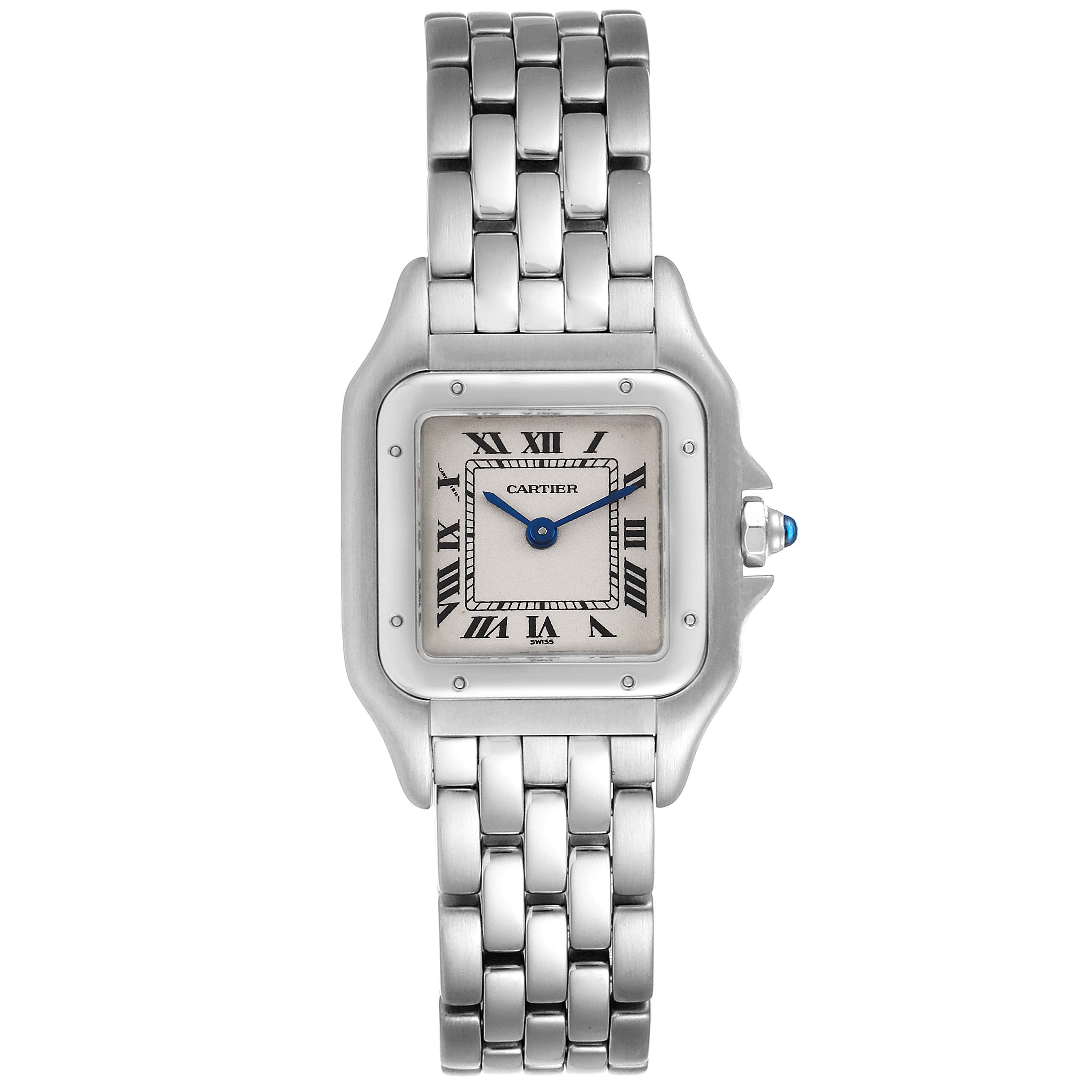 The image shows a front view of a Cartier Panthere W25033P5 Women
s Stainless Steel Silver Dial W25033P5 Women
s Stainless Steel Silver Dial watch, displaying the face, bezel, crown, and bracelet.