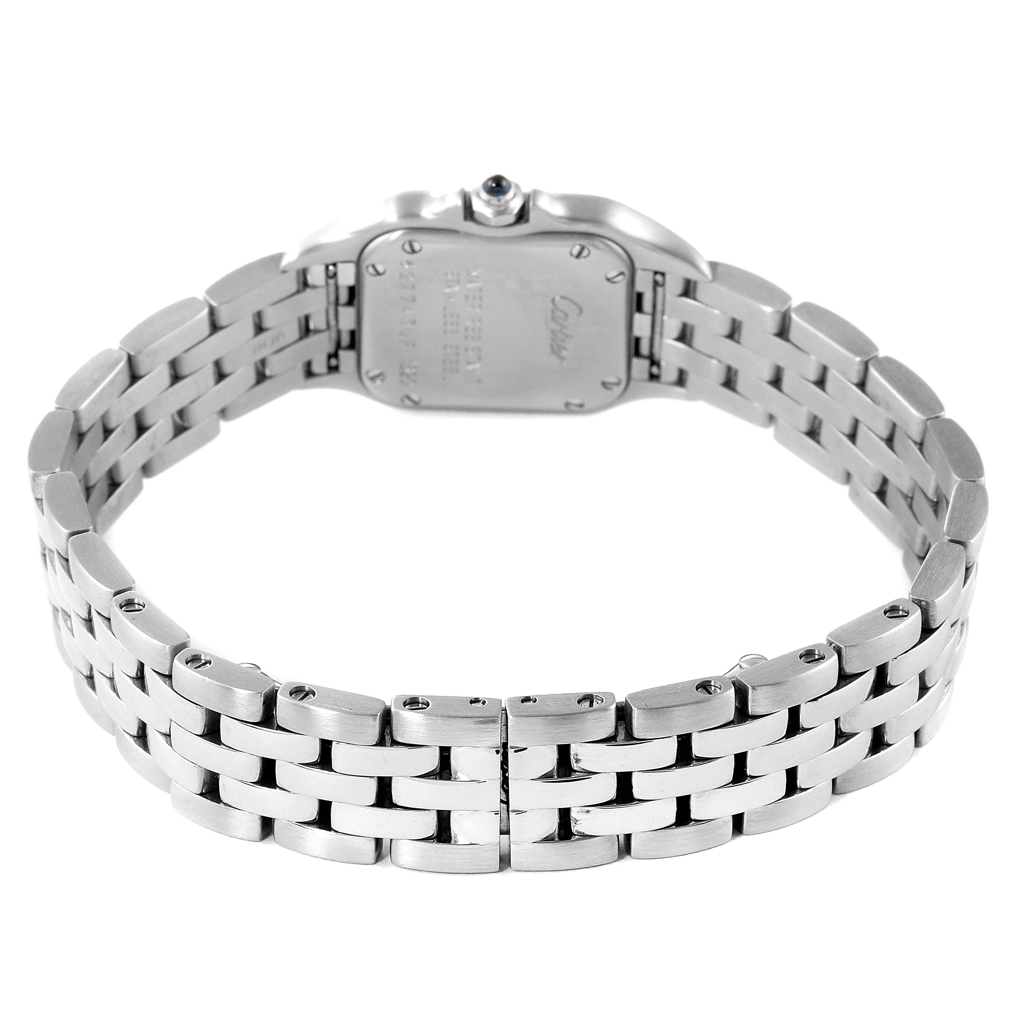 This image shows the back view of a Cartier Panthere W25033P5 Women
s Stainless Steel Silver Dial W25033P5 Women
s Stainless Steel Silver Dial model watch, highlighting the clasp and bracelet.