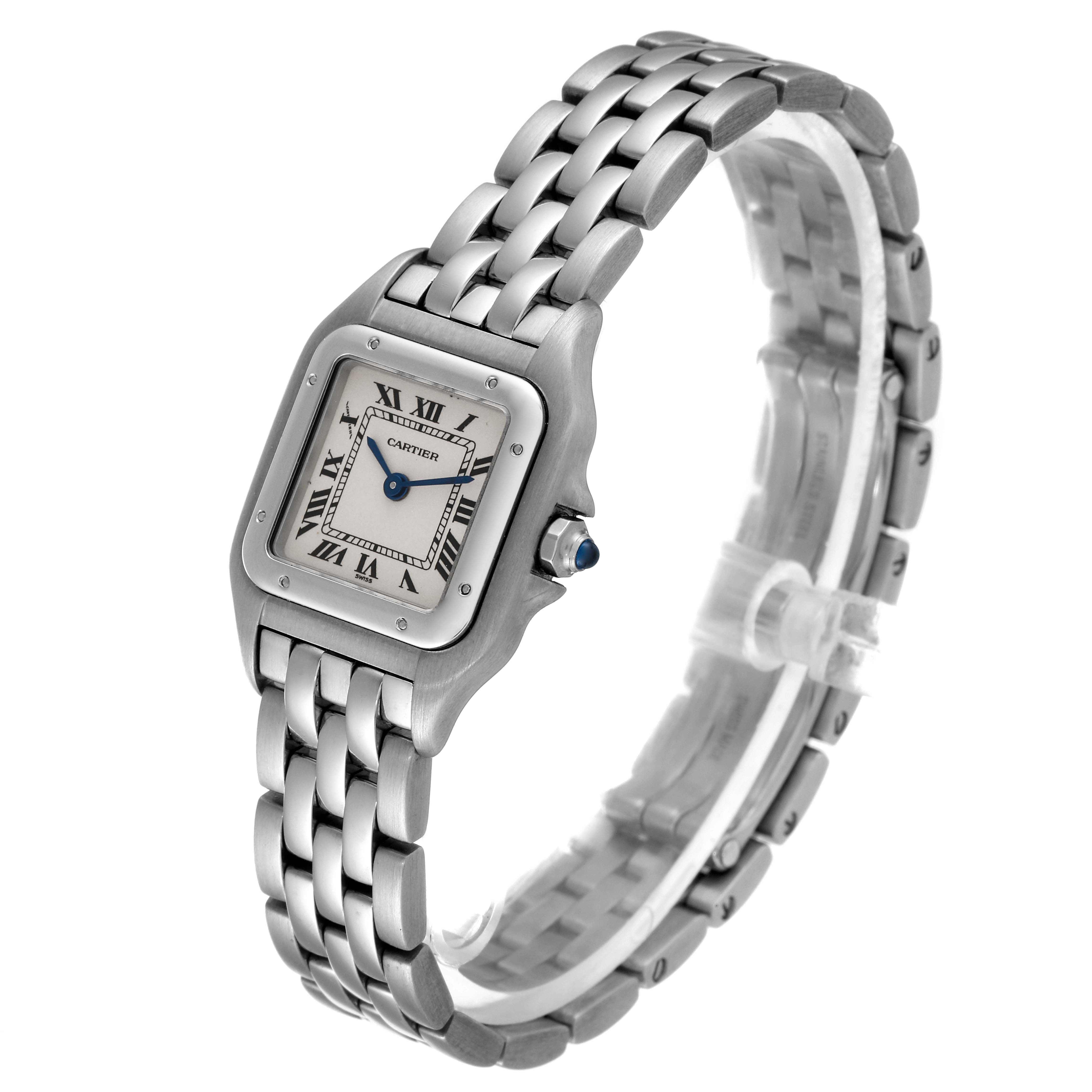 The image shows an angled view of the Cartier Panthere W25033P5 Women
s Stainless Steel Silver Dial W25033P5 Women
s Stainless Steel Silver Dial watch, highlighting its face, bezel, crown, and bracelet.