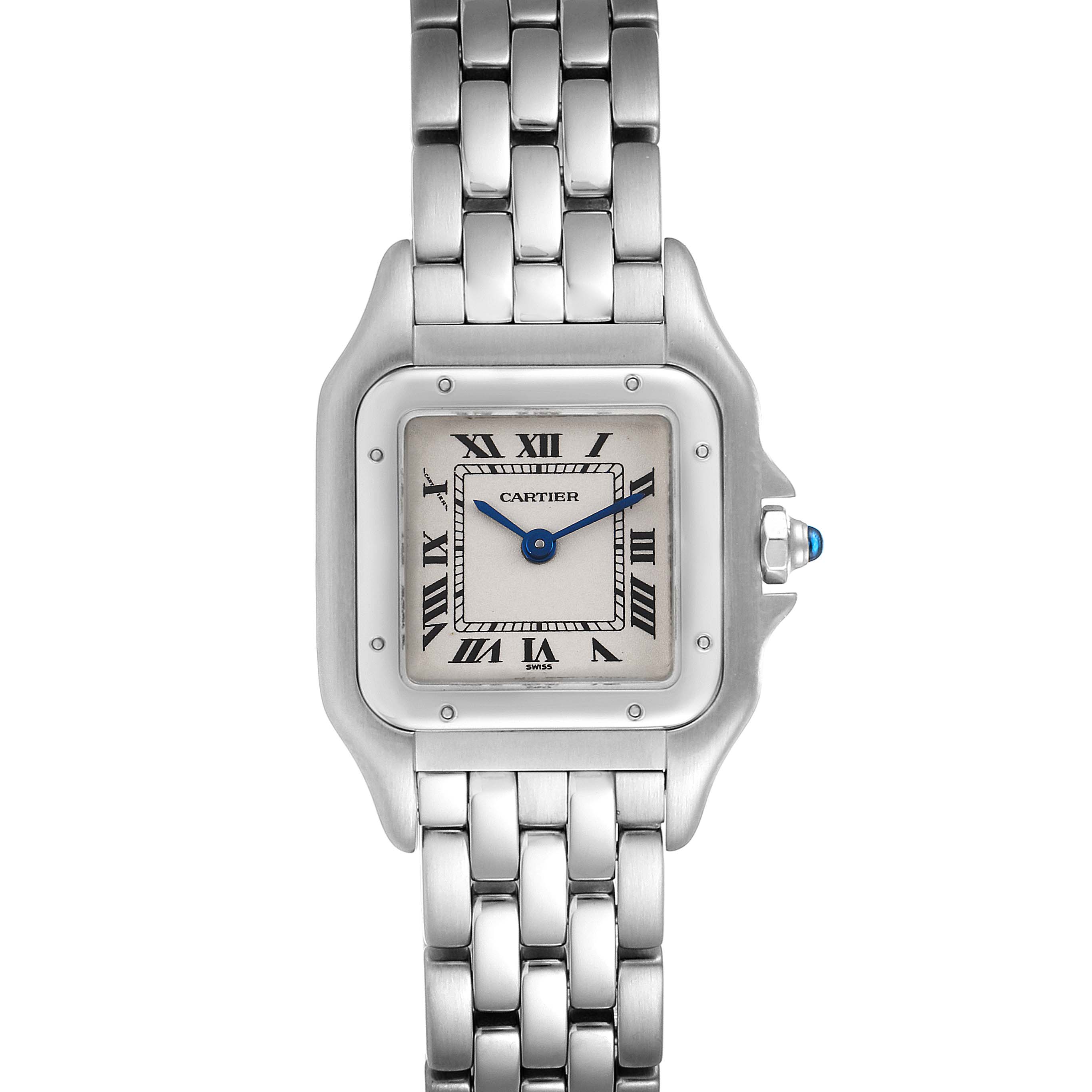 The image shows a straight-on view of the Cartier Panthere W25033P5 Women
s Stainless Steel Silver Dial W25033P5 Women
s Stainless Steel Silver Dial model watch, highlighting the face, bezel, and metal bracelet.
