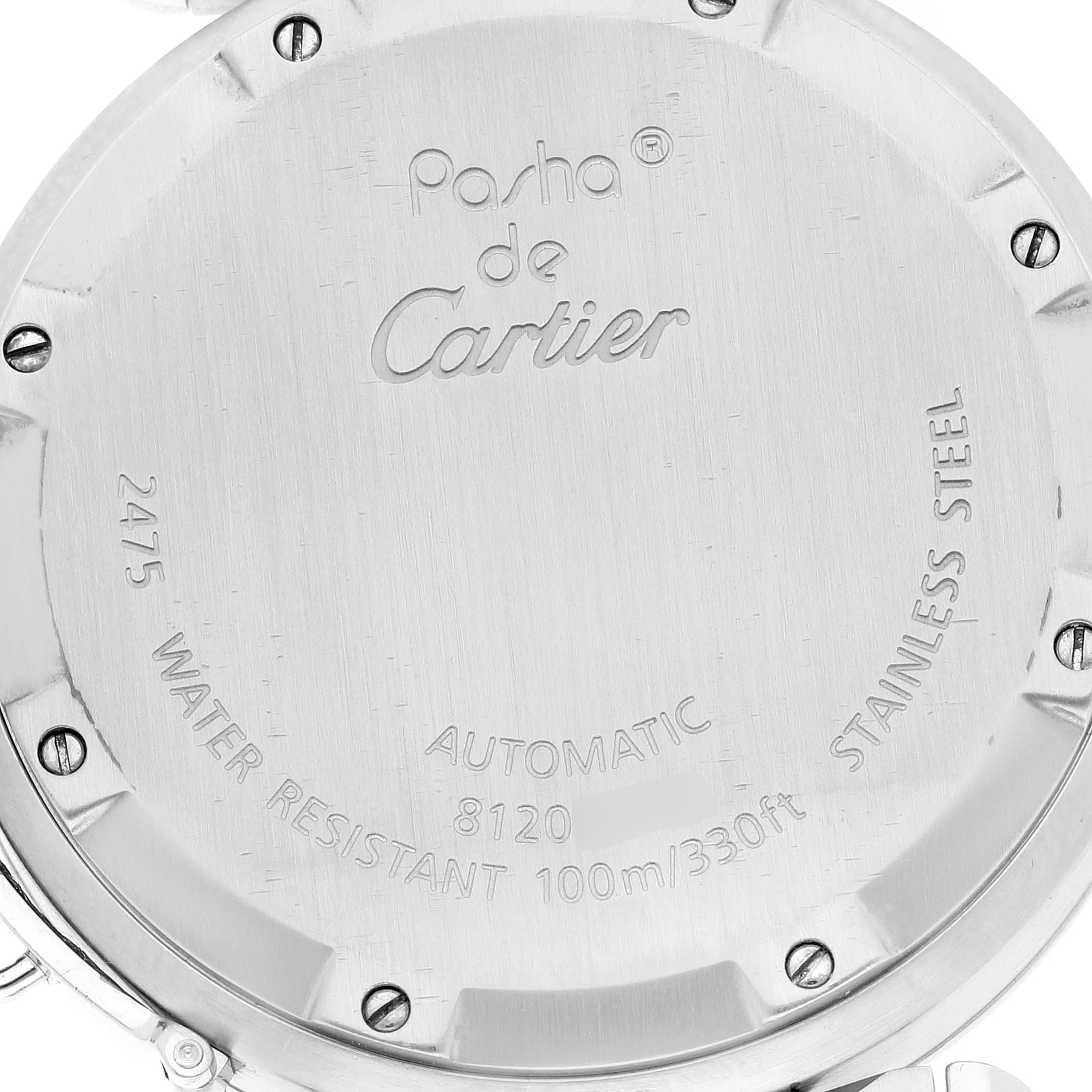 The image shows the back of a Cartier Pasha W31058M7 Men's Stainless Steel Pink Dial W31058M7 Men's Stainless Steel Pink Dial watch, displaying details such as model number, water resistance, and material.