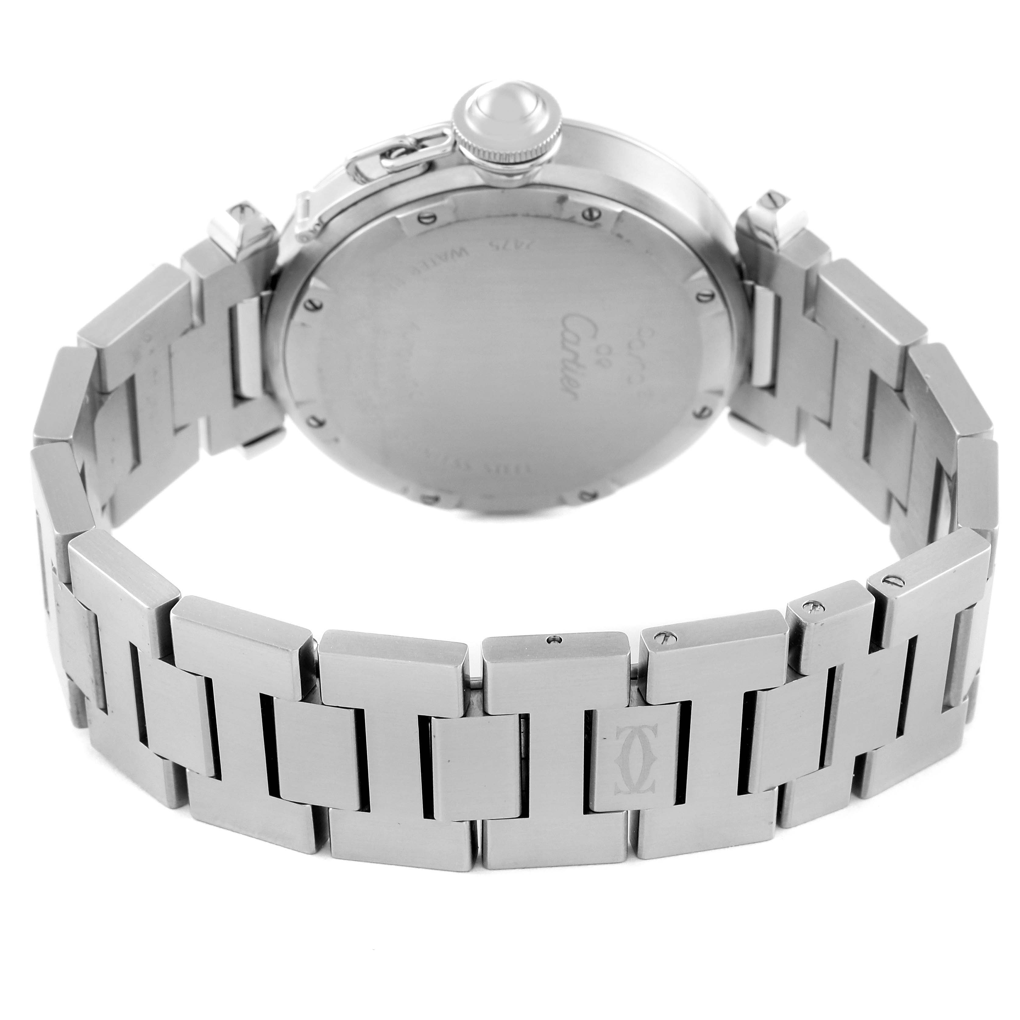 The image shows the back and bracelet of a Cartier Pasha W31058M7 Men's Stainless Steel Pink Dial W31058M7 Men's Stainless Steel Pink Dial watch, with a focus on the case back and metal links.