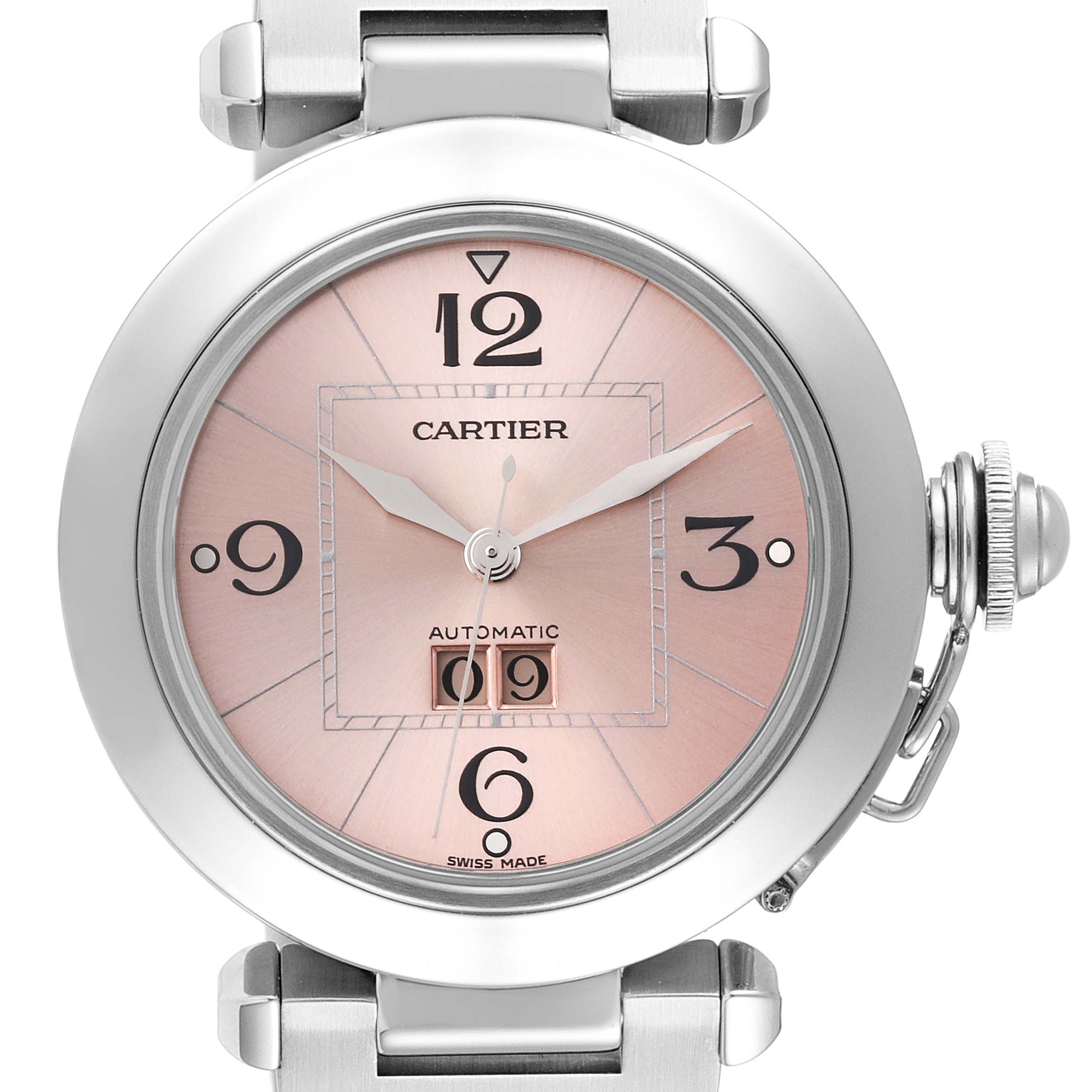 The image shows a frontal view of a Cartier Pasha W31058M7 Men's Stainless Steel Pink Dial W31058M7 Men's Stainless Steel Pink Dial watch, highlighting the pink dial and metal bracelet.